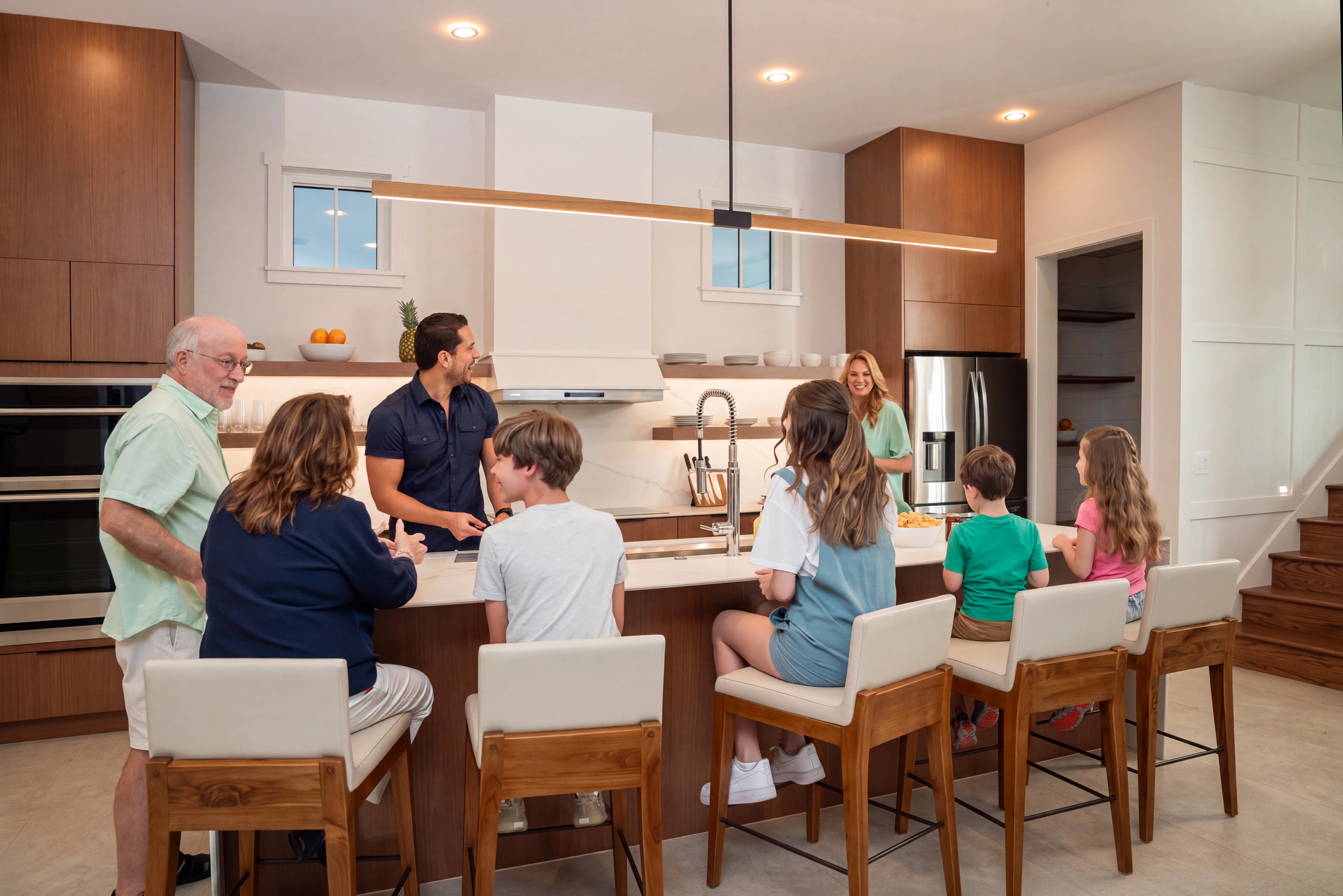 Seven family members smiling and chatting around a kitchen island in a modern home kitchen.