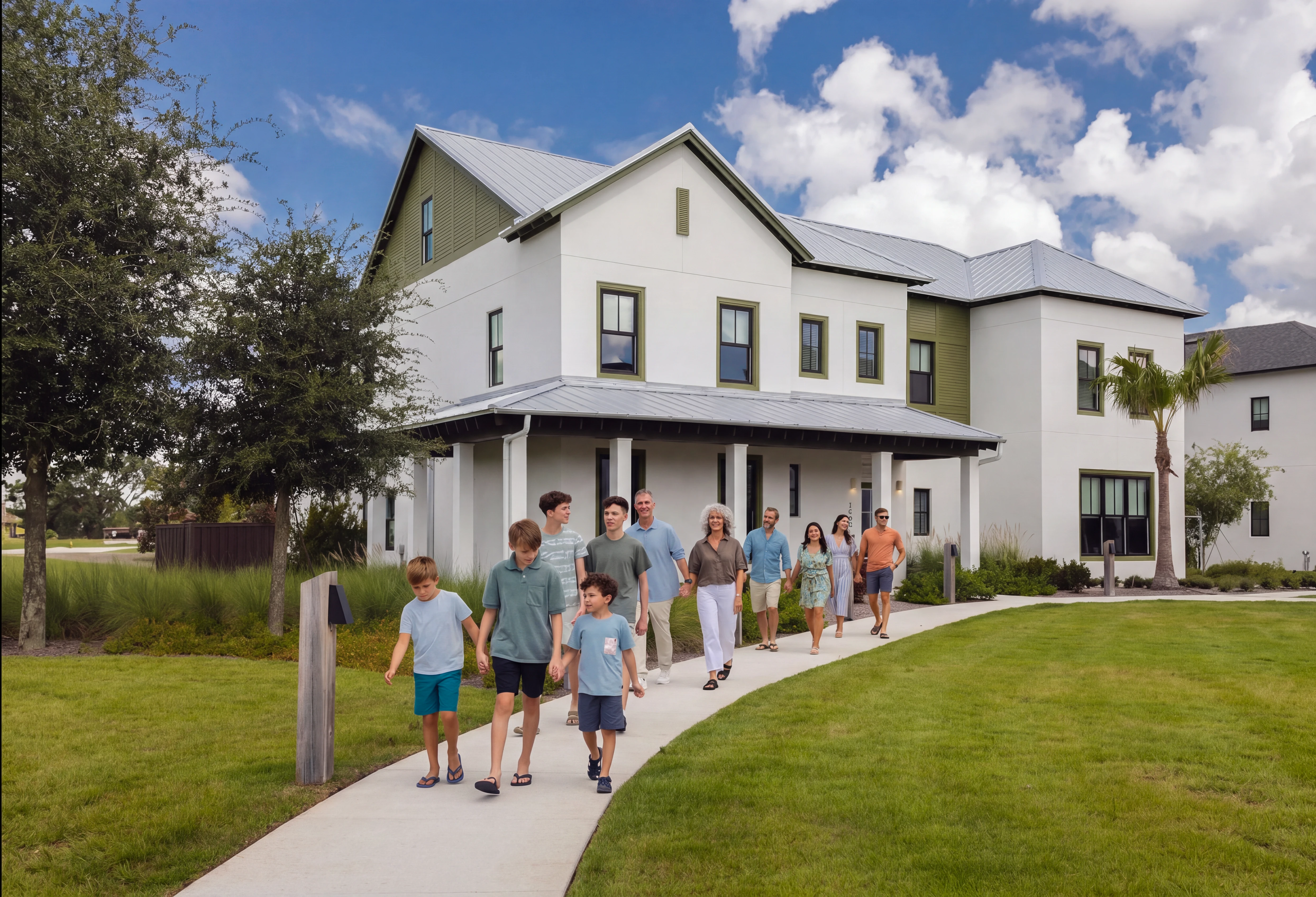 Group of people walking on a curved sidewalk in front of a three-story modern house on a sunny day.