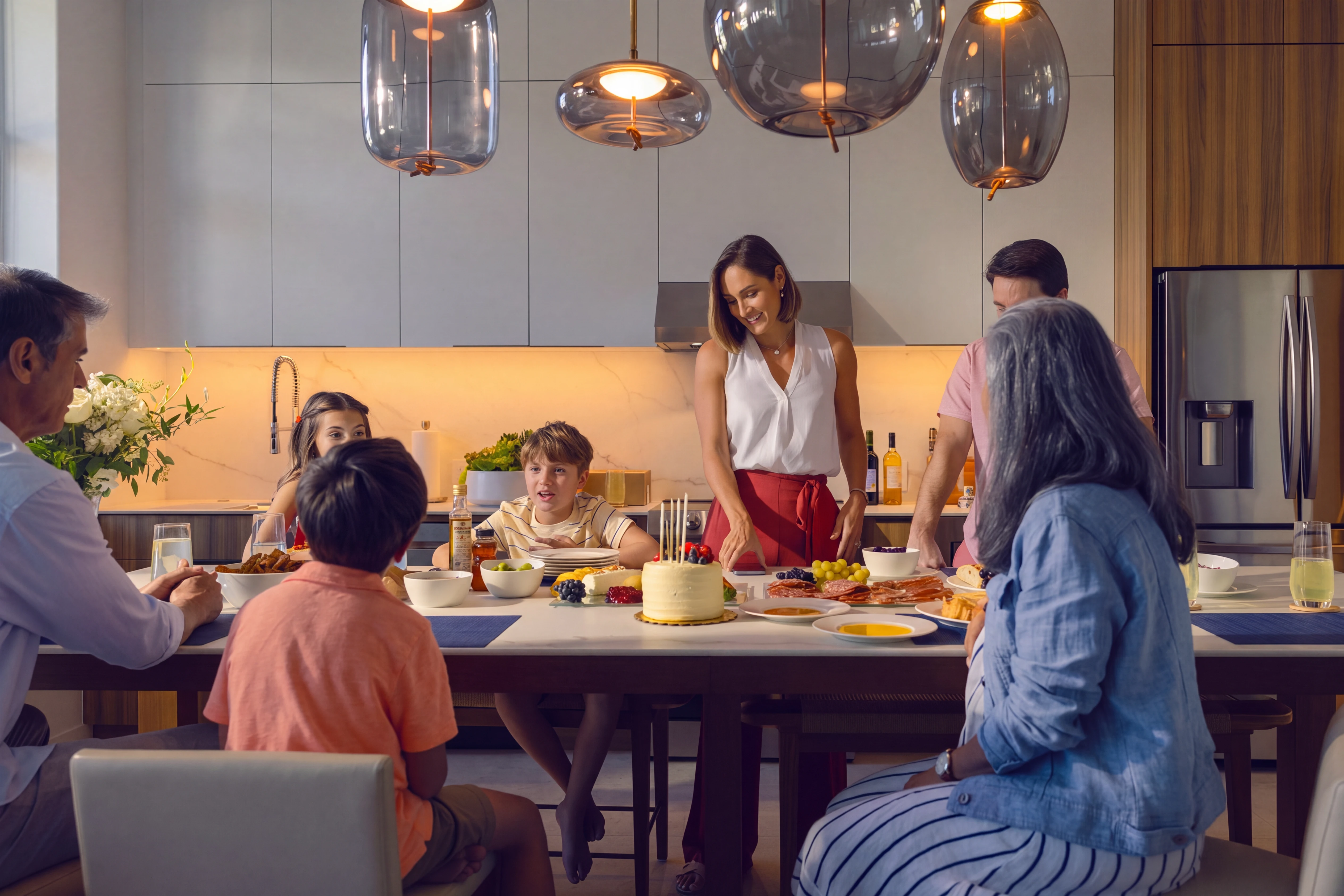 Family gathered around kitchen island with food and birthday cake, smiling and interacting.