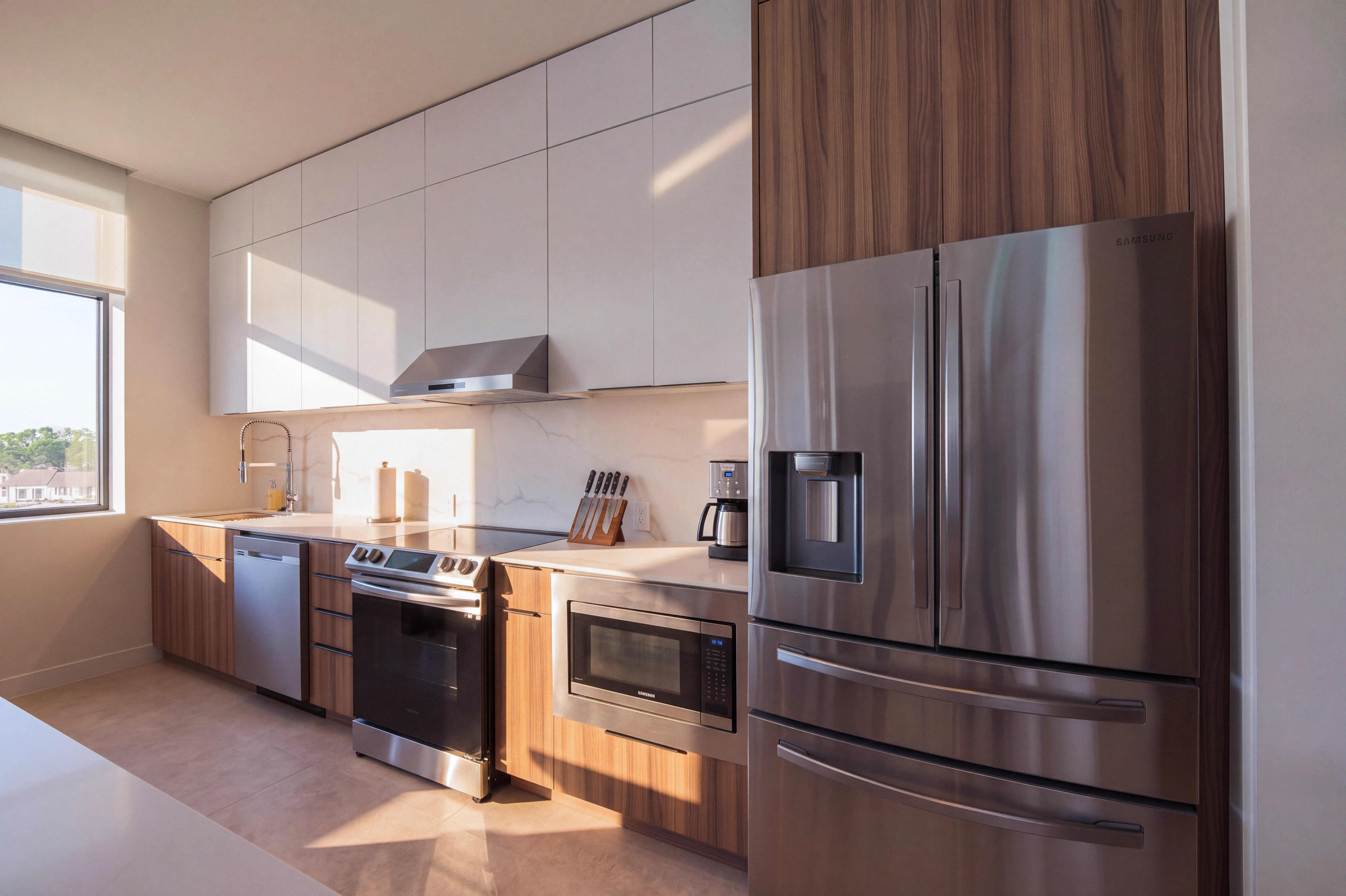 Modern kitchen with stainless steel appliances, wooden cabinets, white countertops, and a large window.