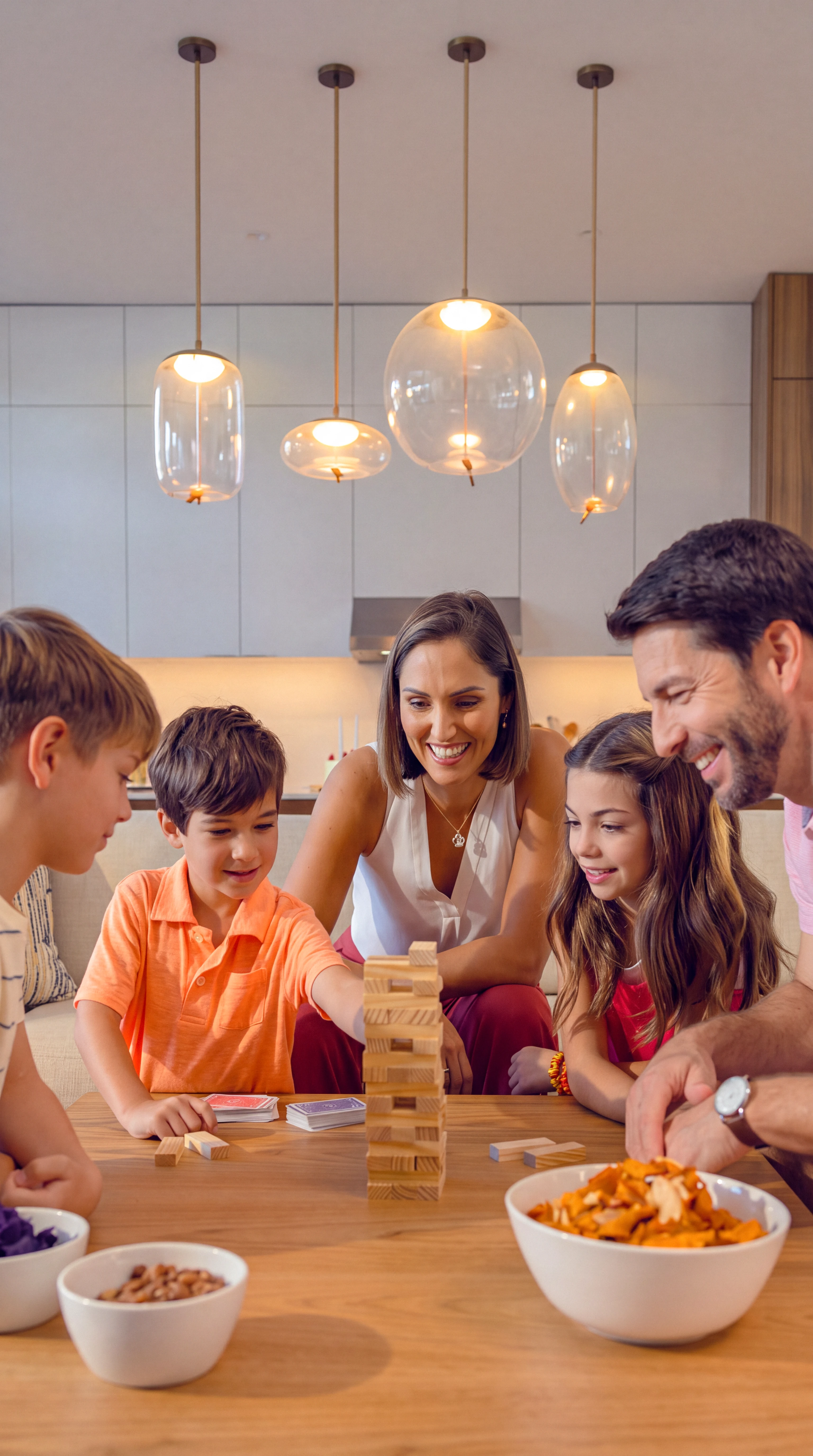 Family of five playing wooden block stacking game together around a table with snacks.