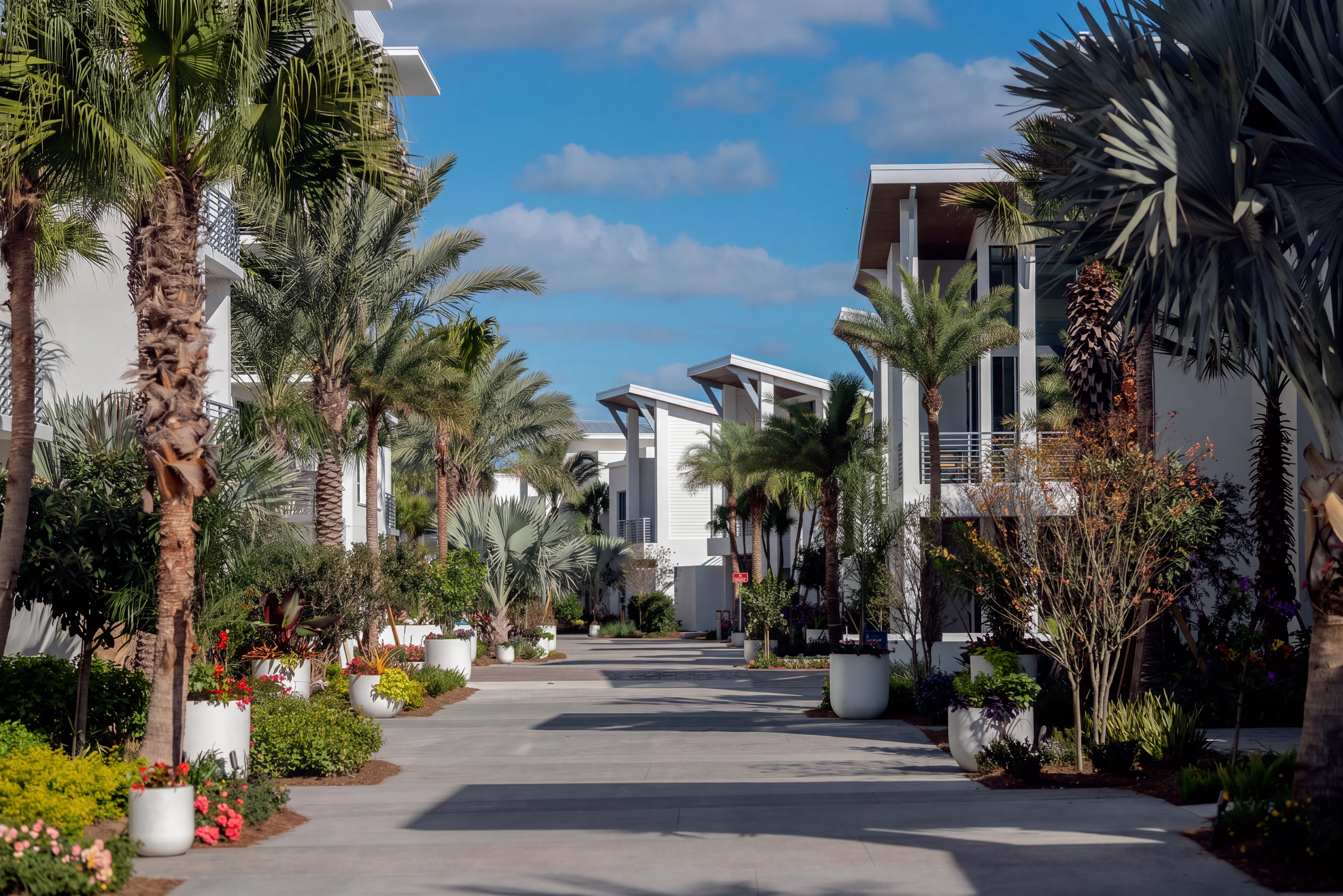 Walkway lined with palm trees and potted plants between modern white buildings under blue sky.