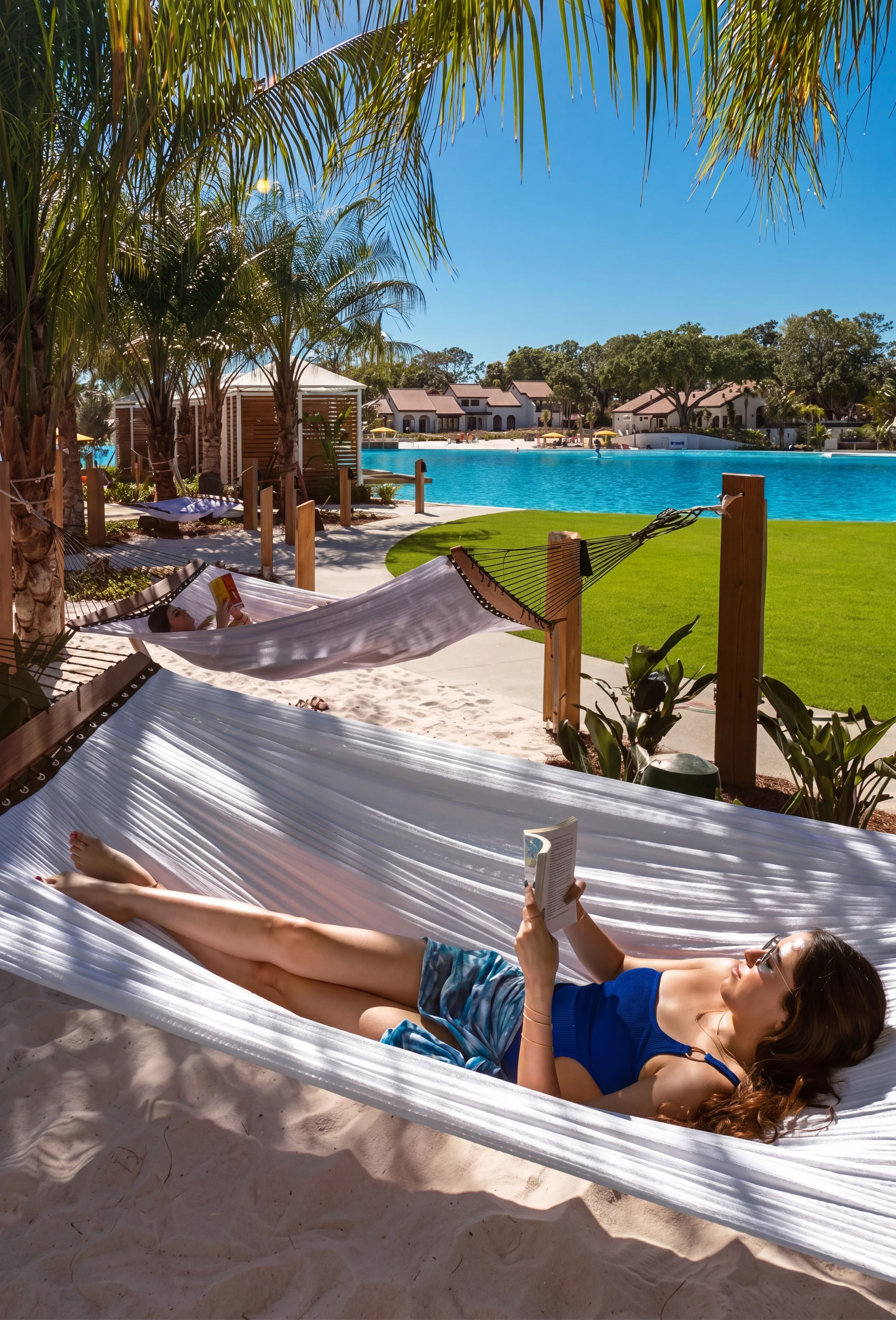 Two women relaxing and reading books in hammocks near the Evermore Bay with palm trees and villas in the background.