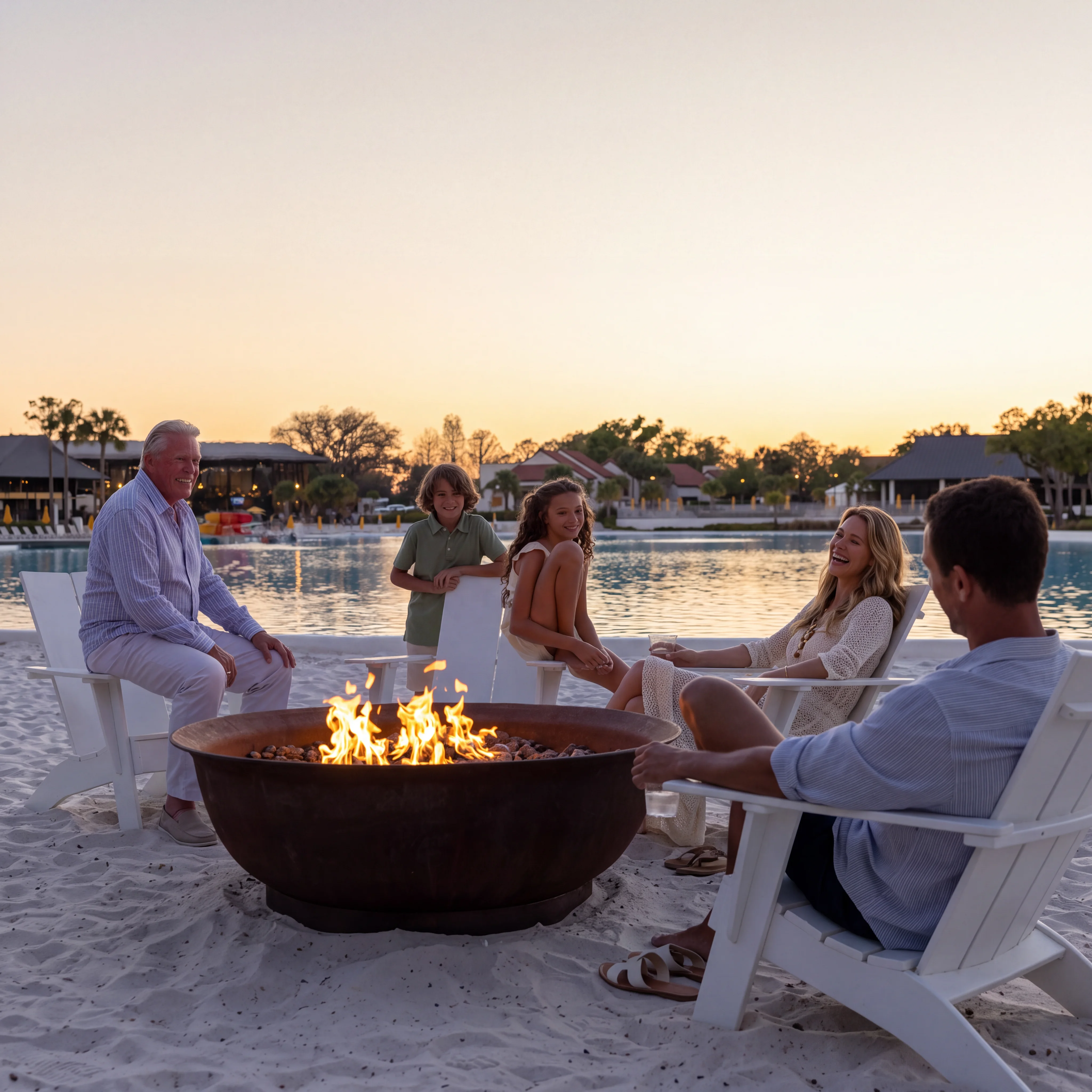 Five family members sitting around a fire pit on the Evermore sandy beach.