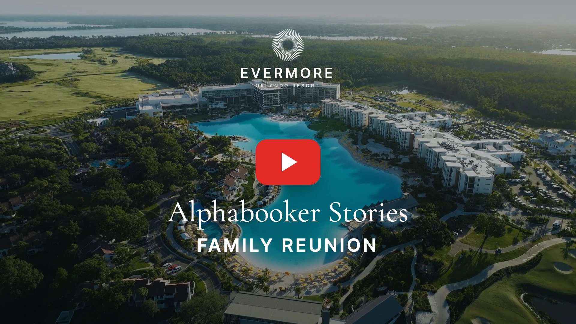 Aerial view of Evermore Orlando Resort with a large pool, buildings, golf course, and greenery.