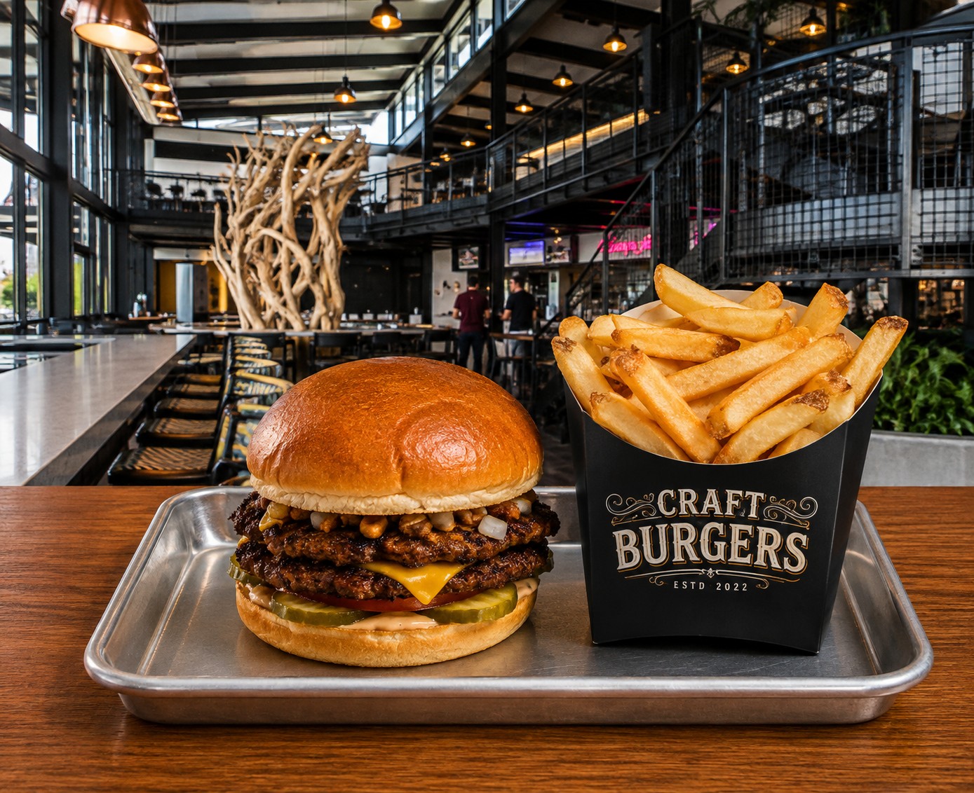 Burger with double patties, cheese, pickles, and fries in a Craft Burgers container on metal tray.