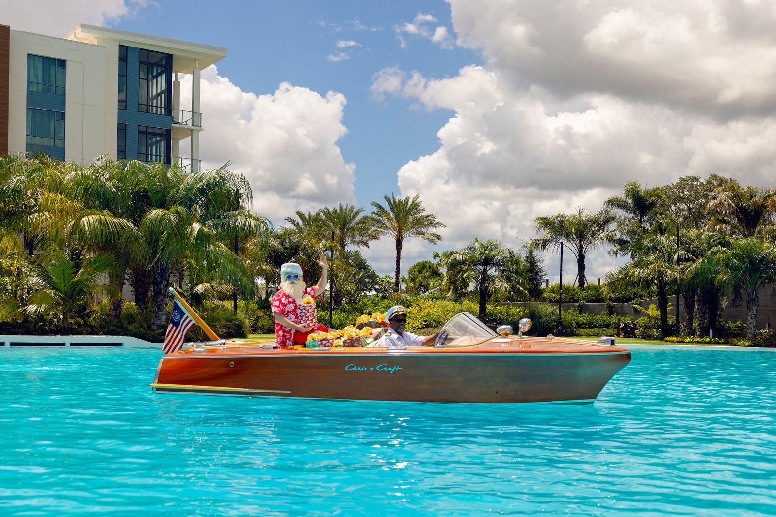 Holiday characters cruising across Evermore Bay.