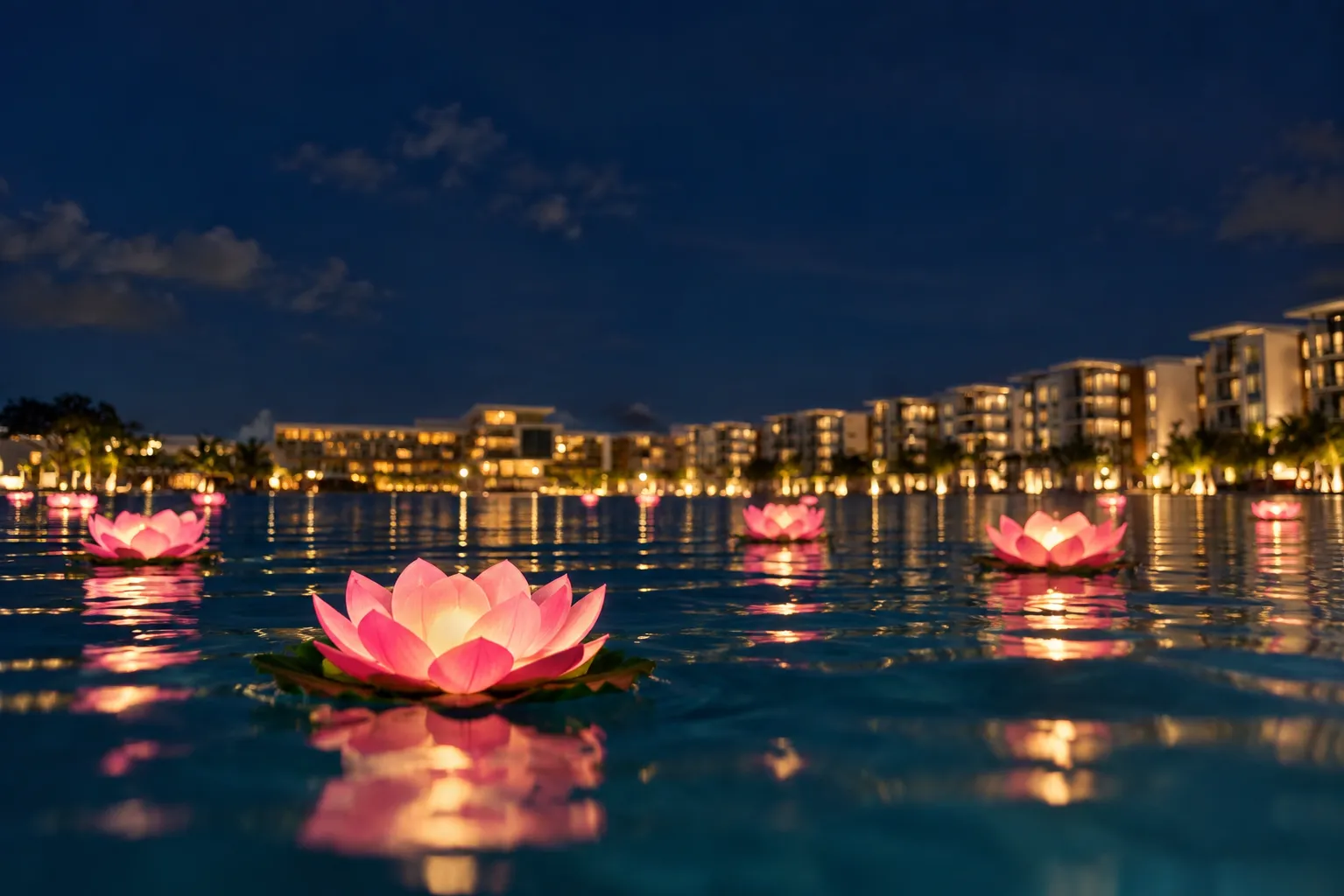 Glowing pink lotus-shaped lights floating on calm water at night with softly illuminated modern buildings in the background.