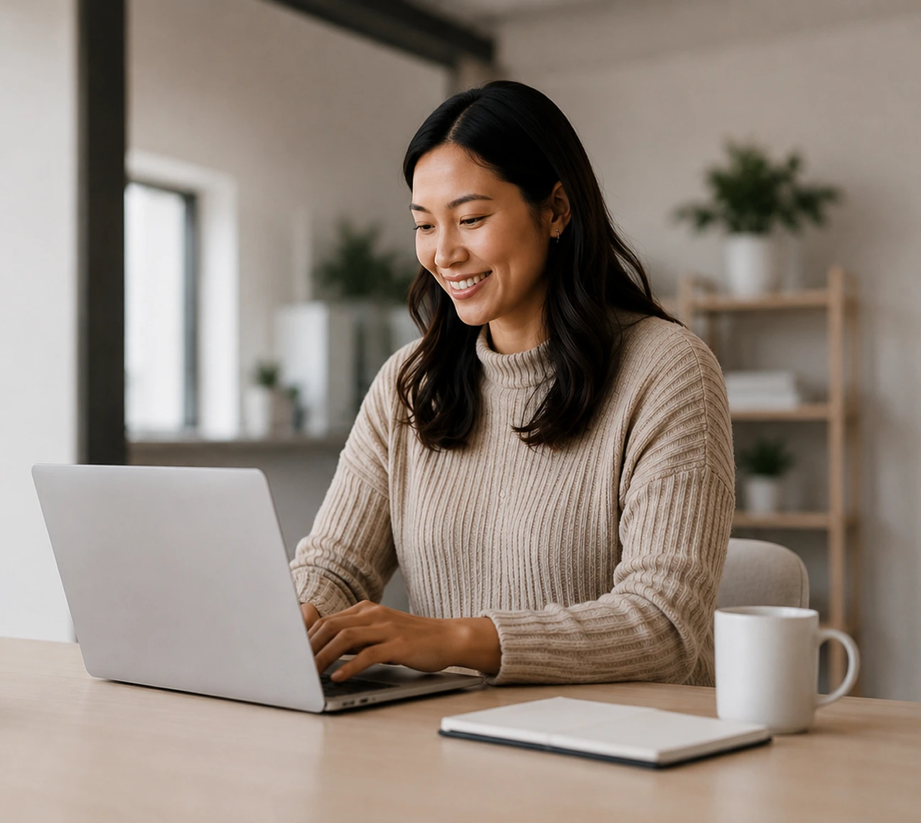 Smiling woman in a beige sweater working on a laptop at a table with a notebook and coffee mug.