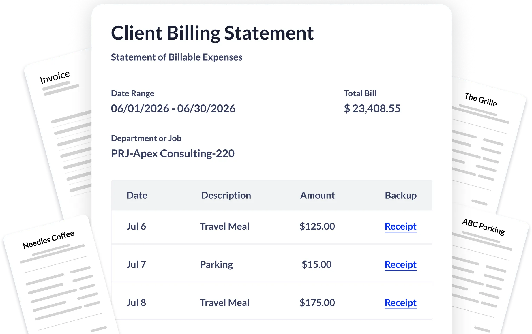 Client billing statement showing expenses for PRJ-Apex Consulting-220 from 06/01/2026 to 06/30/2026 totaling $23,408.55.