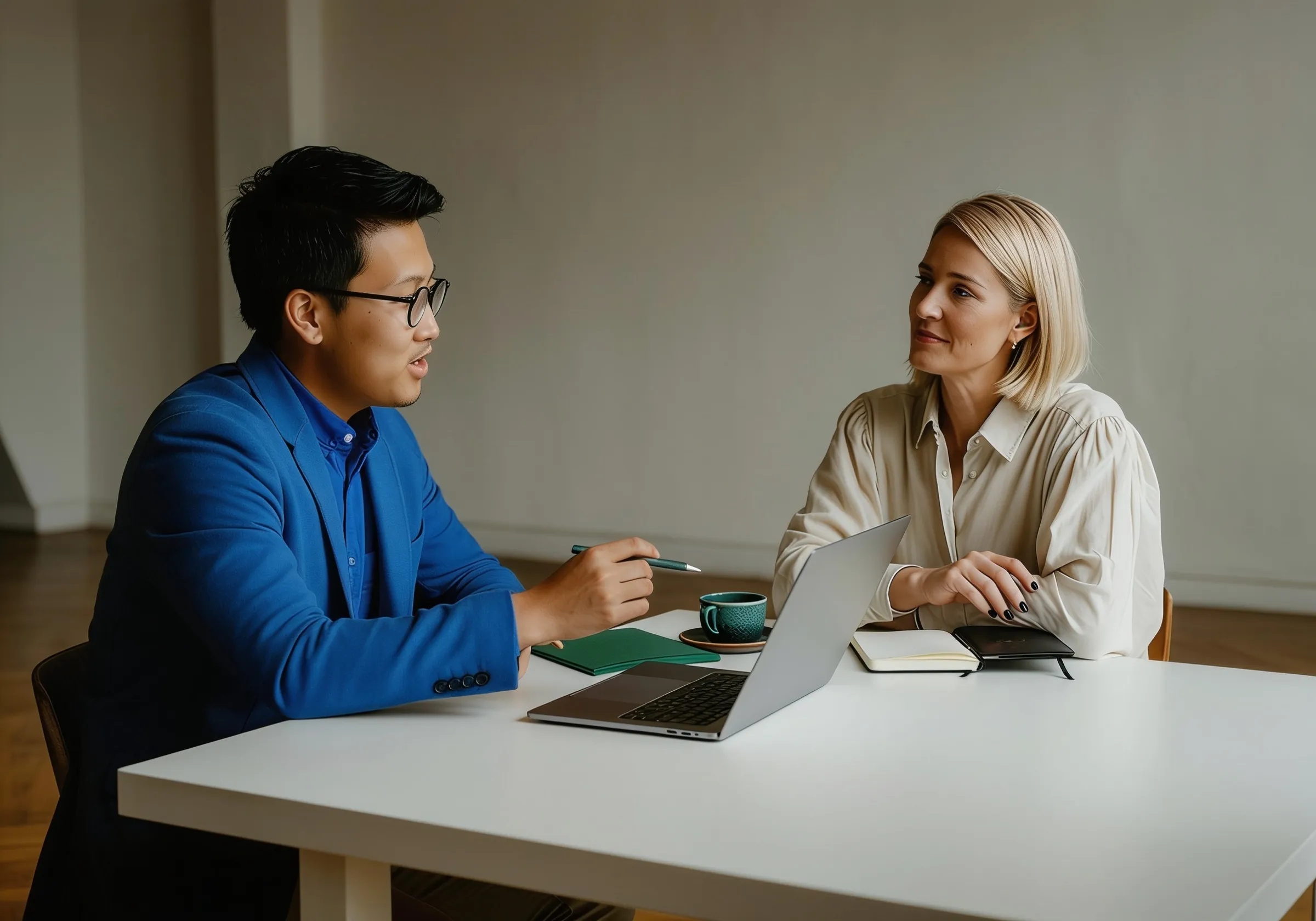 Two colleagues discussing a project at a table with a laptop.