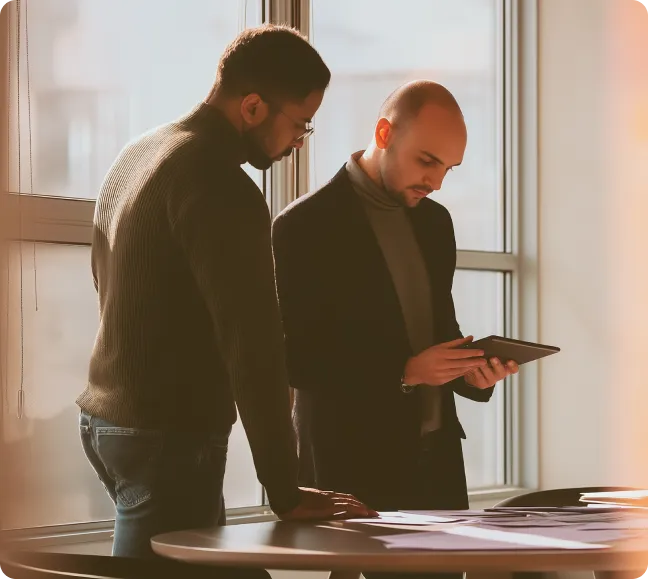 Two colleagues reviewing work on a tablet at a table by an office window