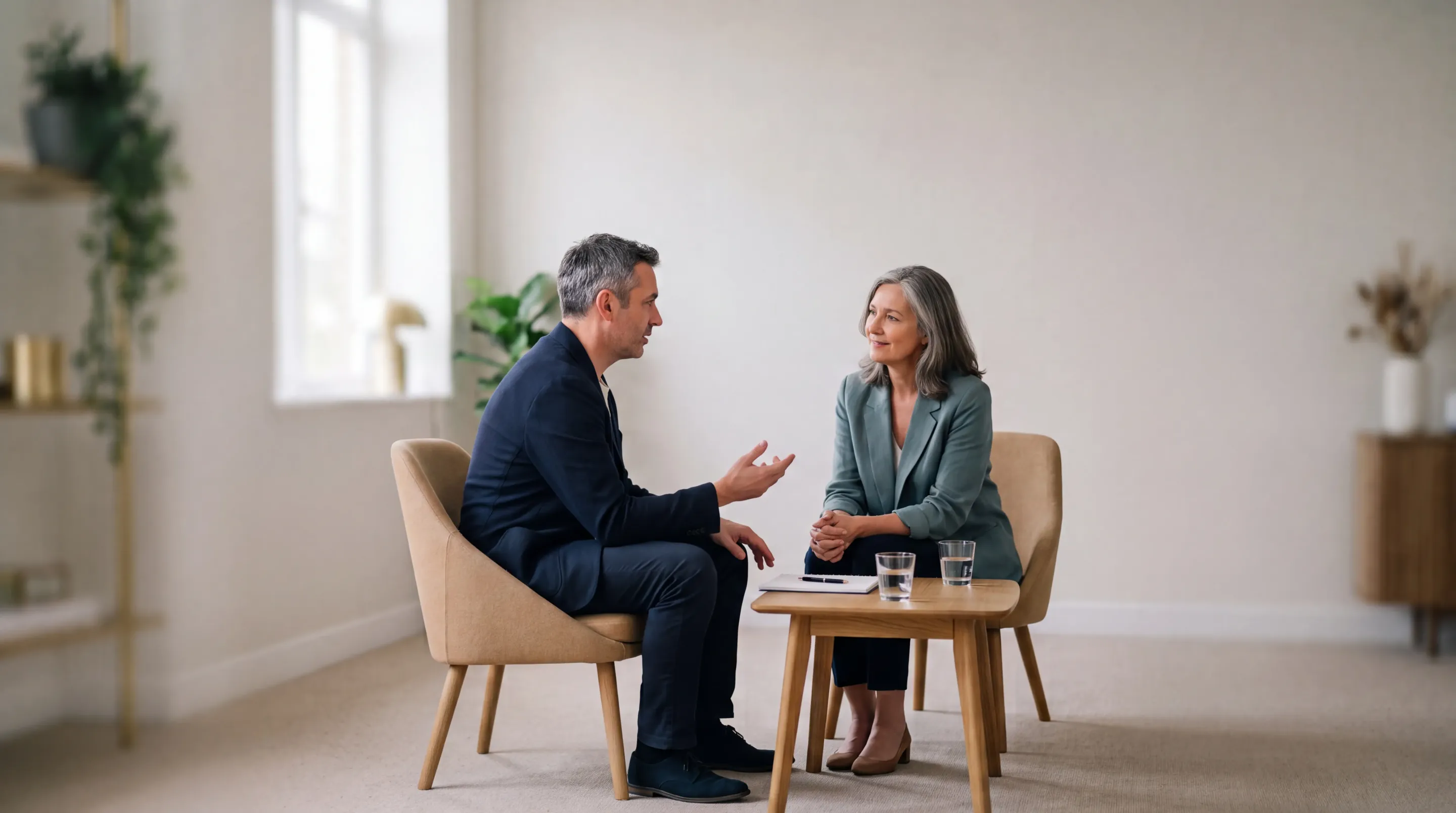 Two professionals in a one-to-one conversation in a calm, light office