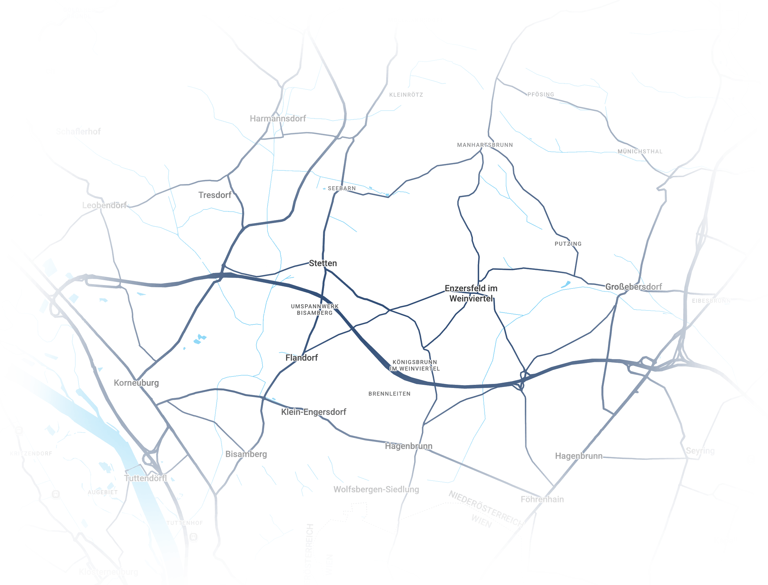 Karte zeigt Straßen und Flüsse in Wien und Umgebung mit Ortsnamen und Autobahnen.