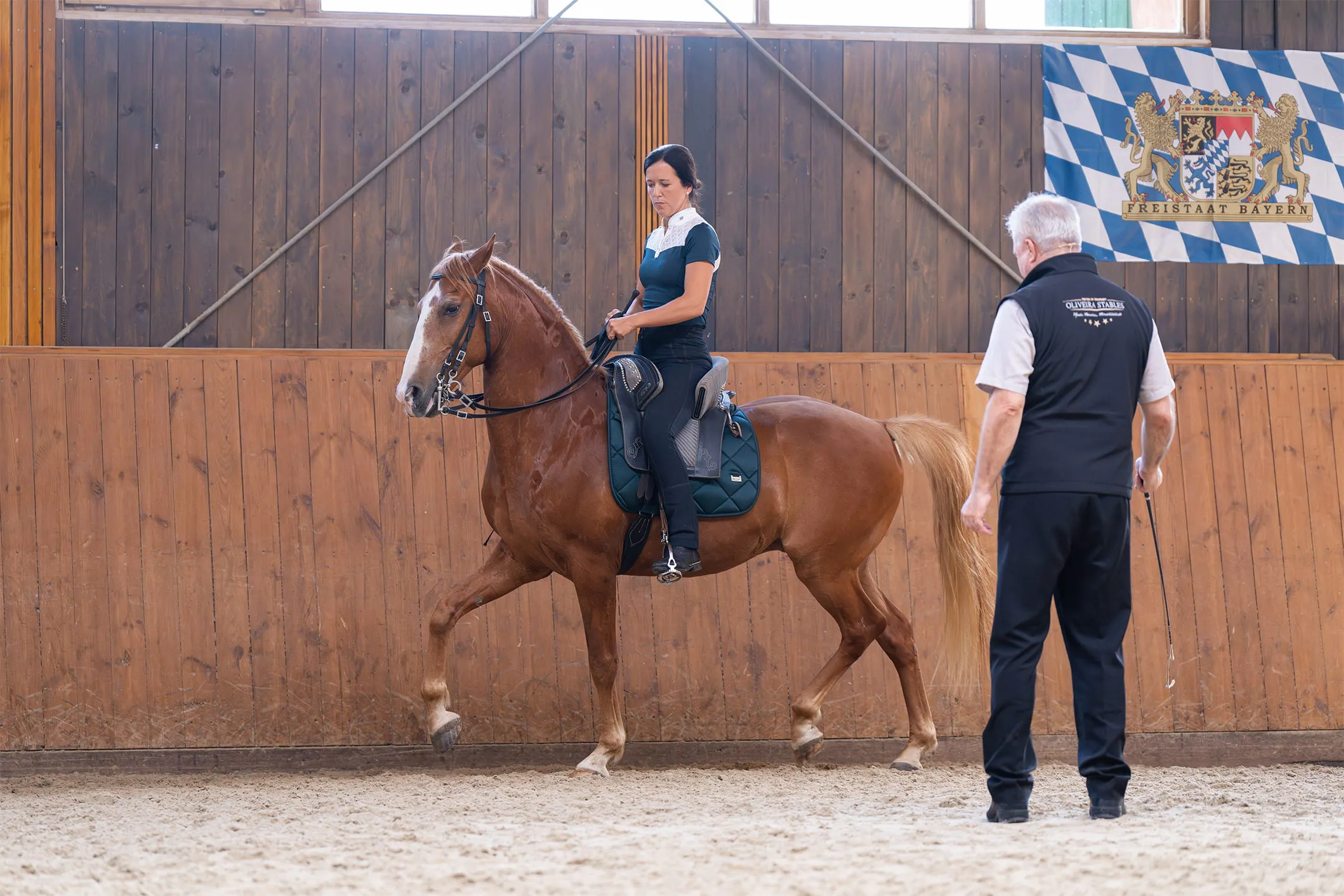 Frau reitet in der Reithalle ein braunes Pferd, ein Mann beobachtet und gibt Anweisungen.