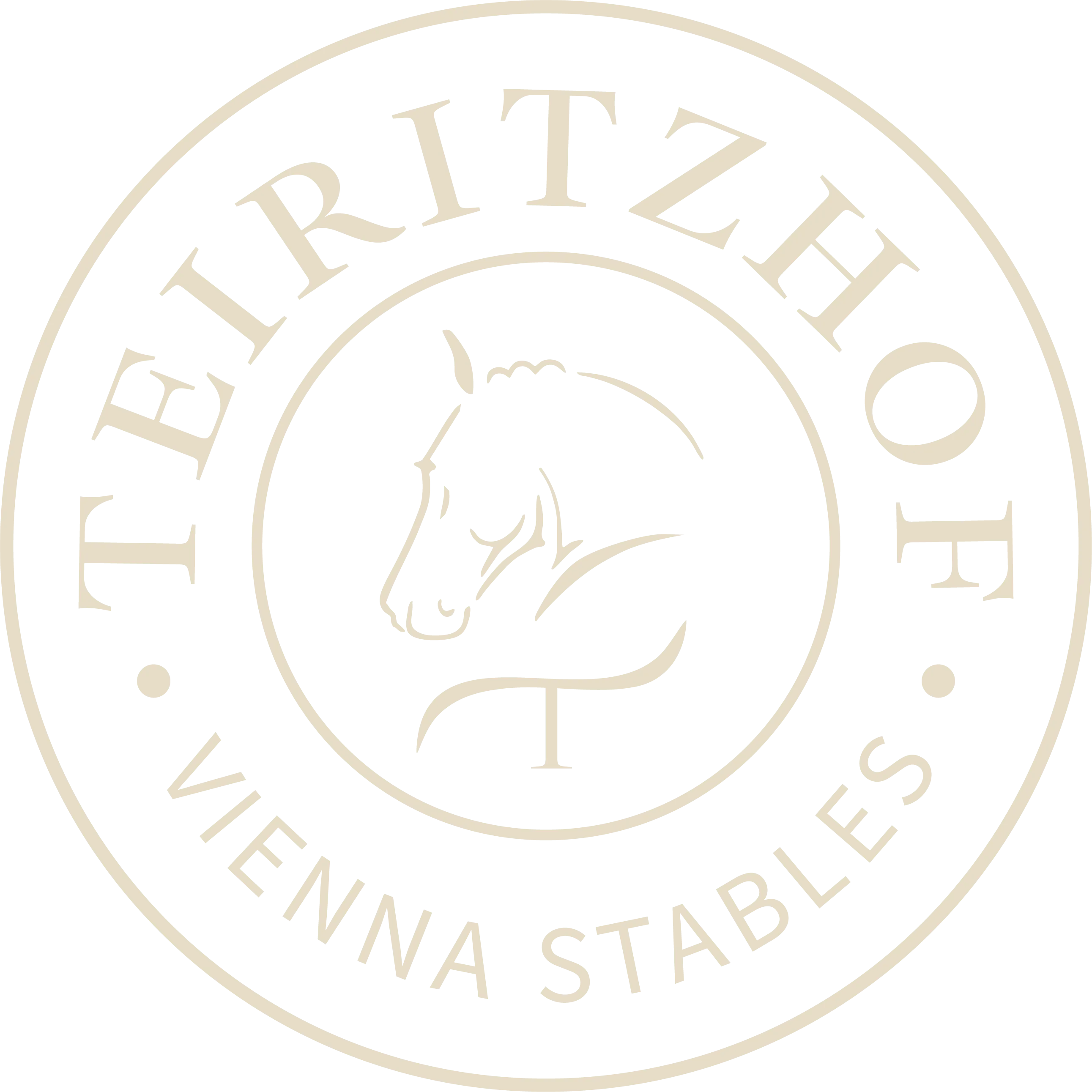 Logo mit Pferdekopf und Text Teiritzhof Vienna Stables in champagnerbeiger Farbe.