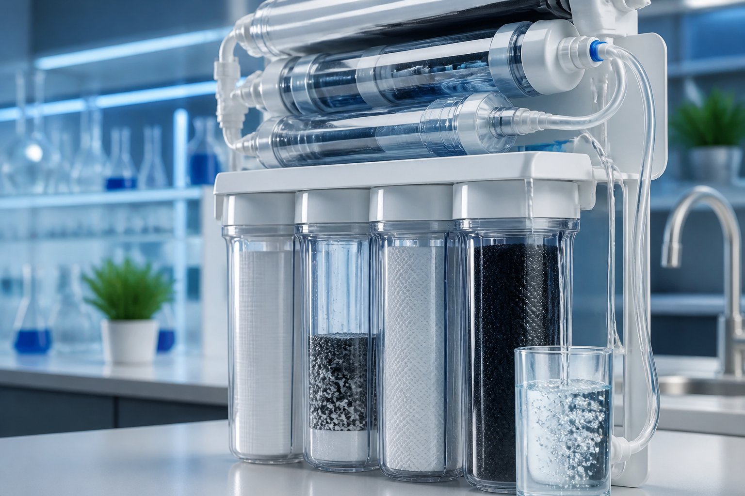 Multi-stage water filtration system with reverse osmosis membranes and sediment, carbon, and mineral filter cartridges, dispensing purified water into a glass on a countertop.