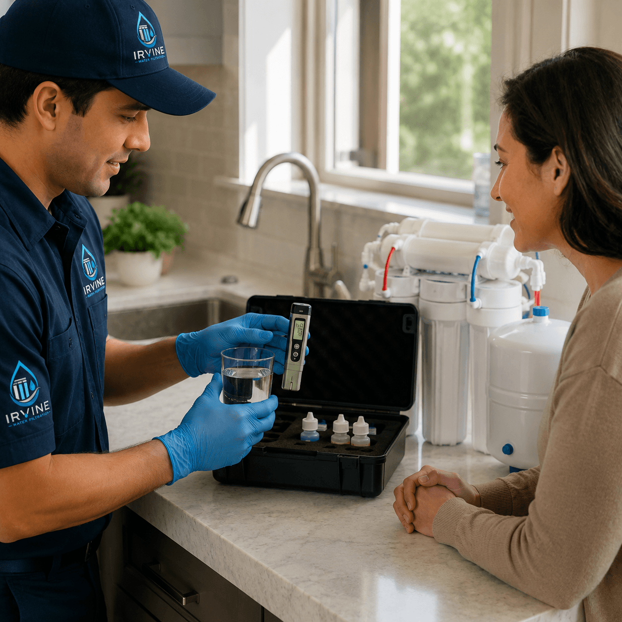 Irvine Water Filtration technician performing in-home water testing and analysis for a homeowner in Irvine, California