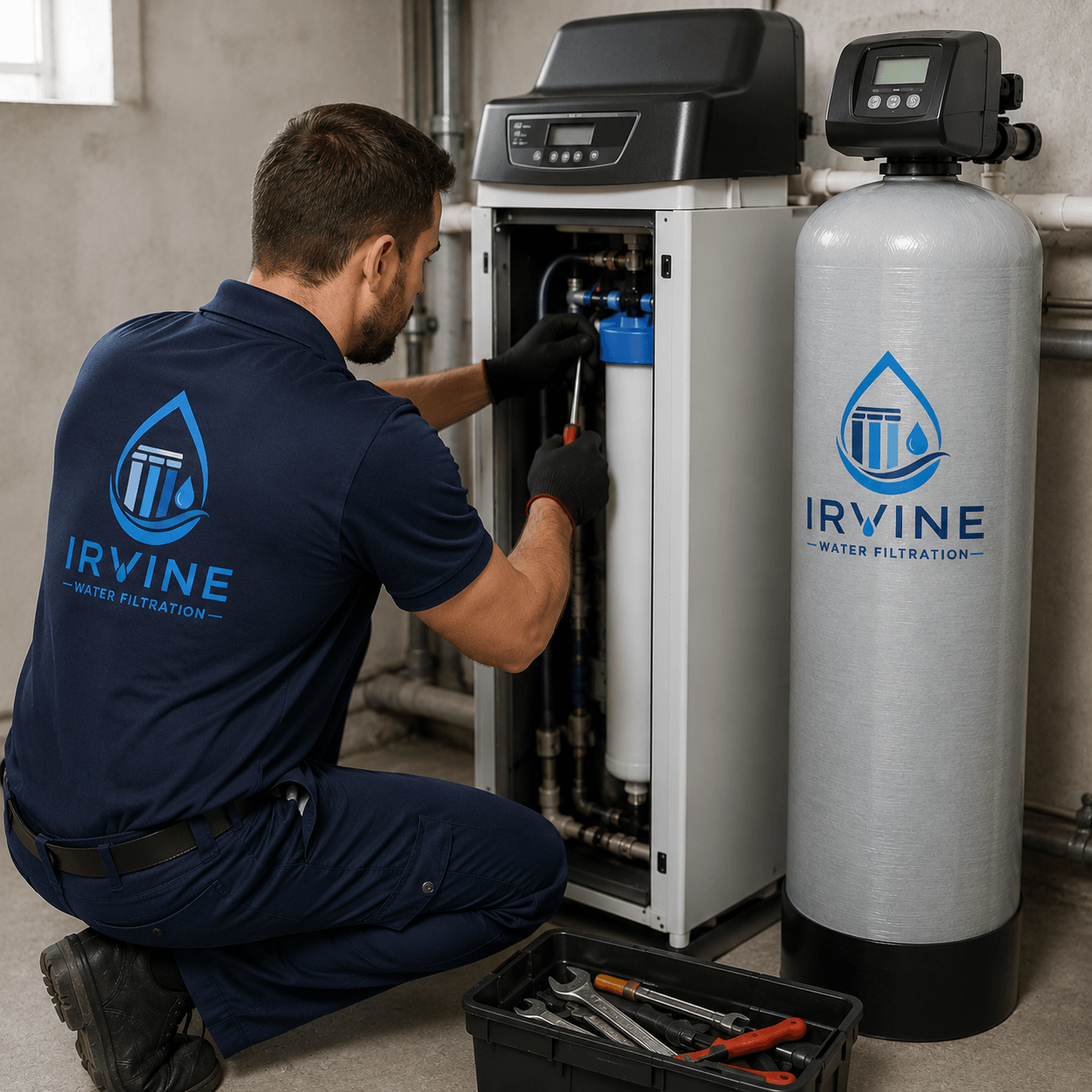 Irvine Water Filtration technician performing whole-house water filtration repair and maintenance in Irvine, California