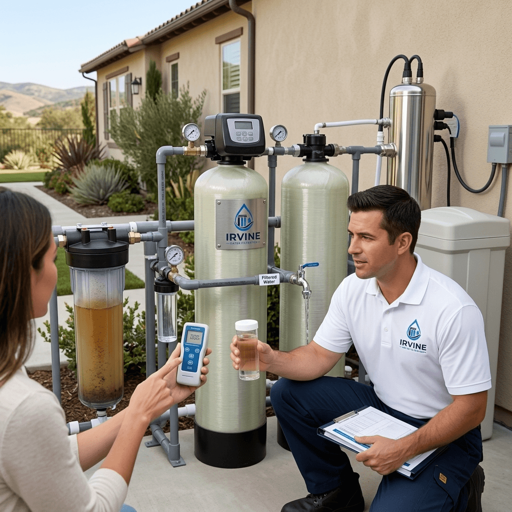Well water filtration and treatment near Irvine, CA. Iron, sediment, bacteria, and hardness solved. Free test, flat-rate quote.