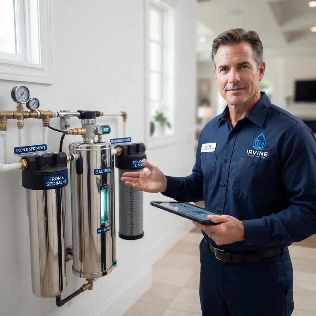 UV water purification in Irvine, CA. Chemical-free disinfection against bacteria and viruses. Free test, flat-rate install.