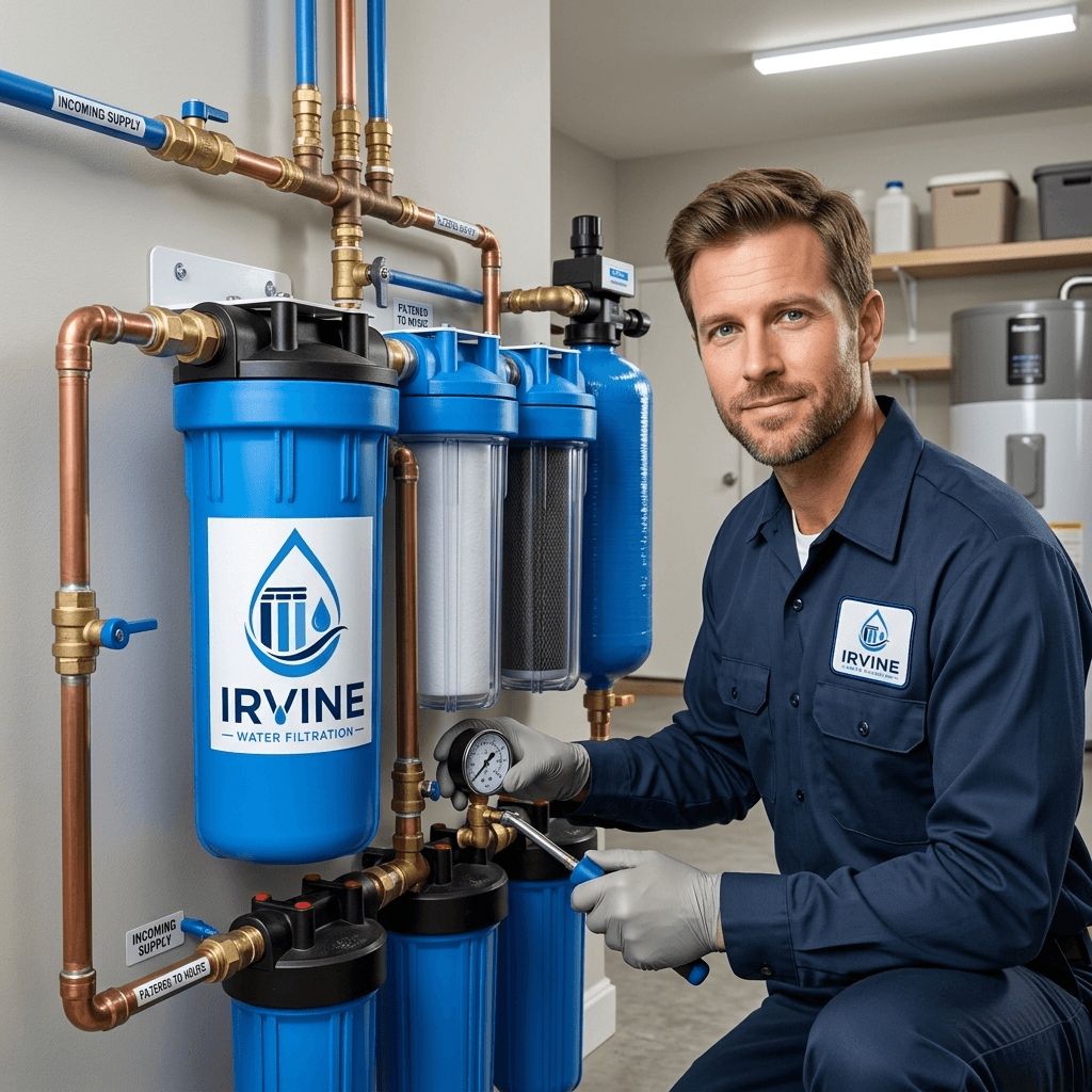 Whole-house water filtration in Irvine, CA. Point-of-entry systems that treat every tap. Free water test, flat-rate pricing.