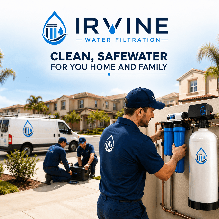 Technician installing a whole-house Irvine Water Filtration system in Irvine, California while the local service team works at nearby homes.