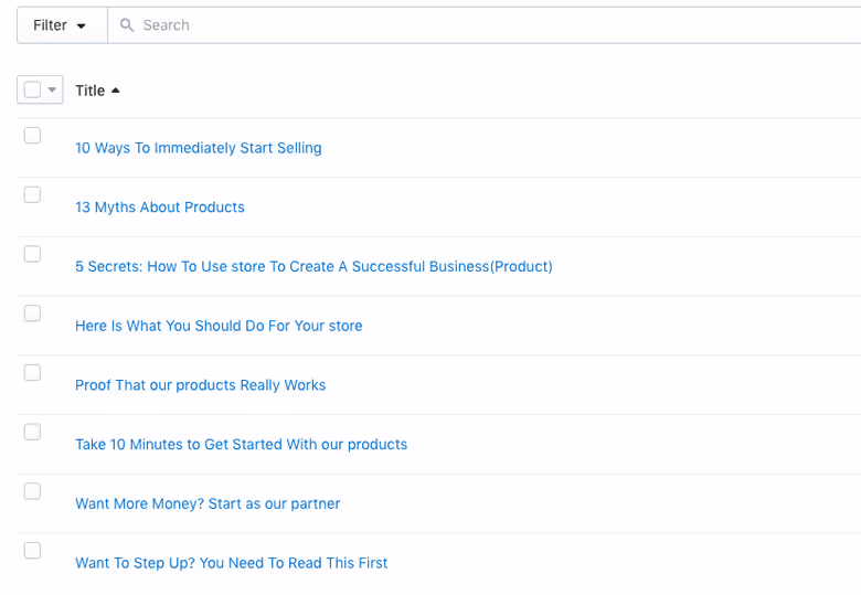 A list of shopify website articles and products.