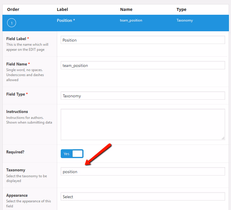 ACF: Taxonomy setup