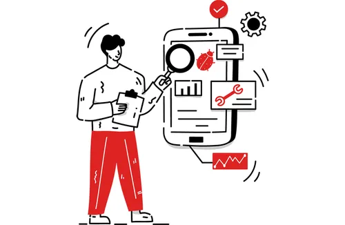 Illustration of a man checking a mobile website and searching for bugs.