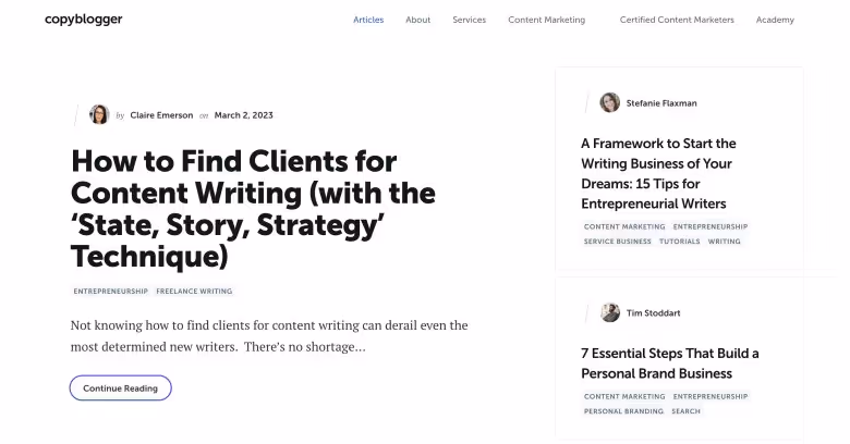 Copyblogger website homepage with entrepreneur blogs roll.