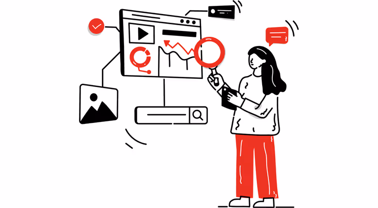 An illustration of a woman looking at a website through a large magnifying glass, depicting website maintenance.