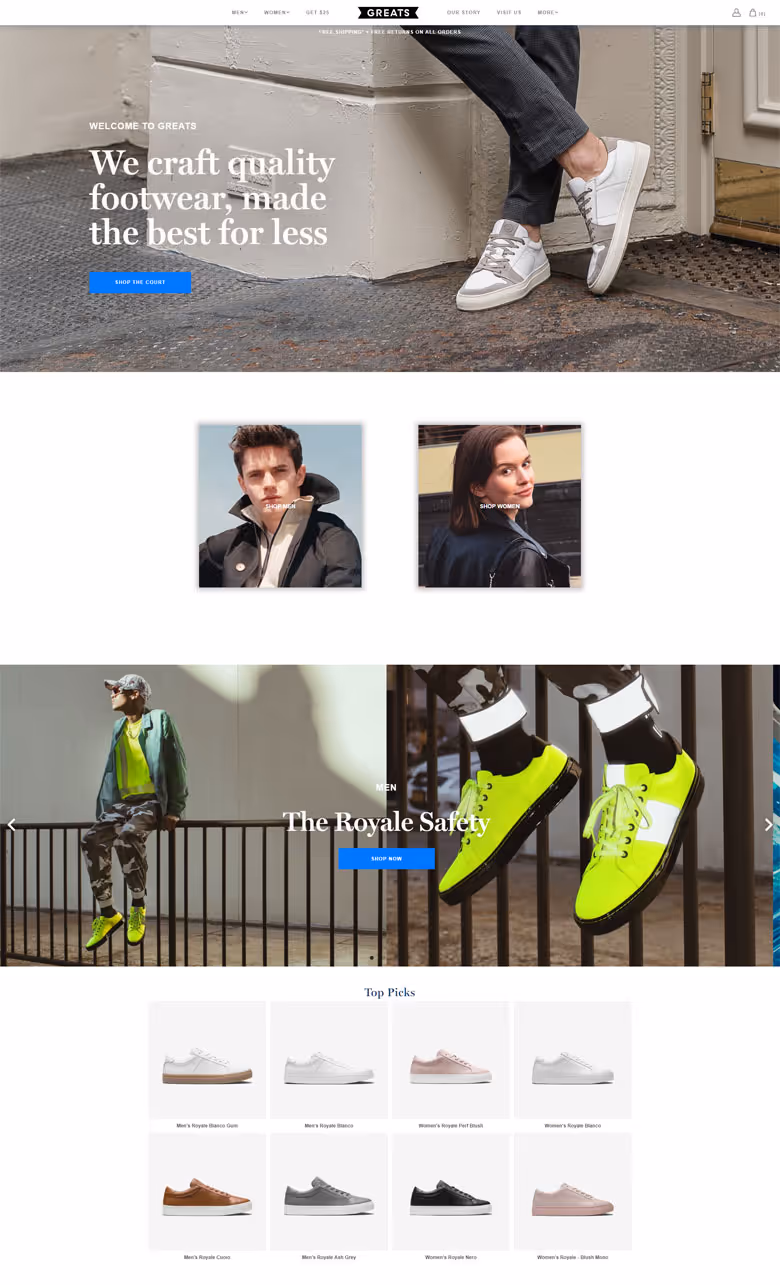 Example of Greats.com Shopify website