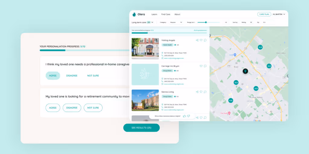 An image showing search results in Olera web app.