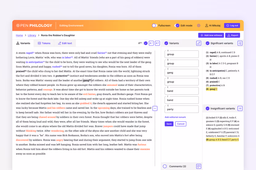 A screenshot of the editing environment of the Open Philology app. Demonstrate app development for researchers