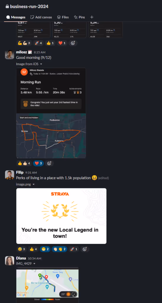 A screencap from a slack channel. Several posts can be seen with training updates and cheering reactions.