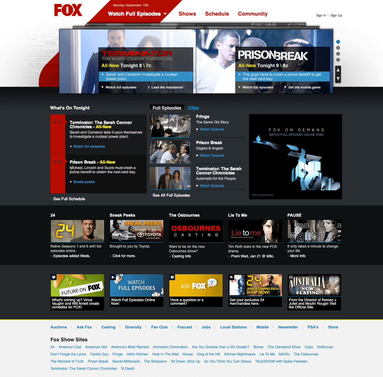 A homepage of FOX Broadcasting in December 2008