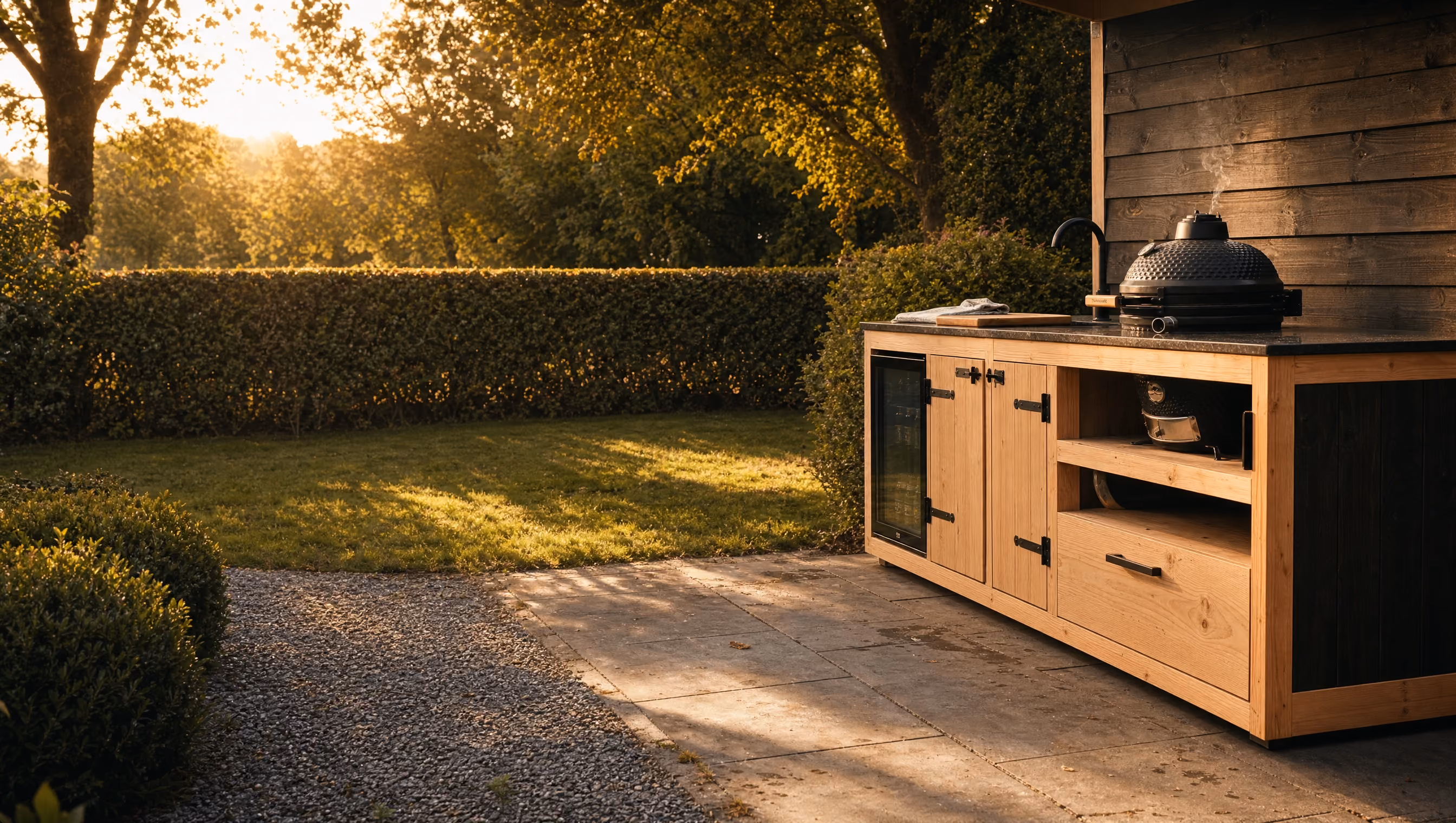 Houten buitenkeuken met kamado-barbecue en spoelbak langs een houten wand, met tuin bij zonsondergang