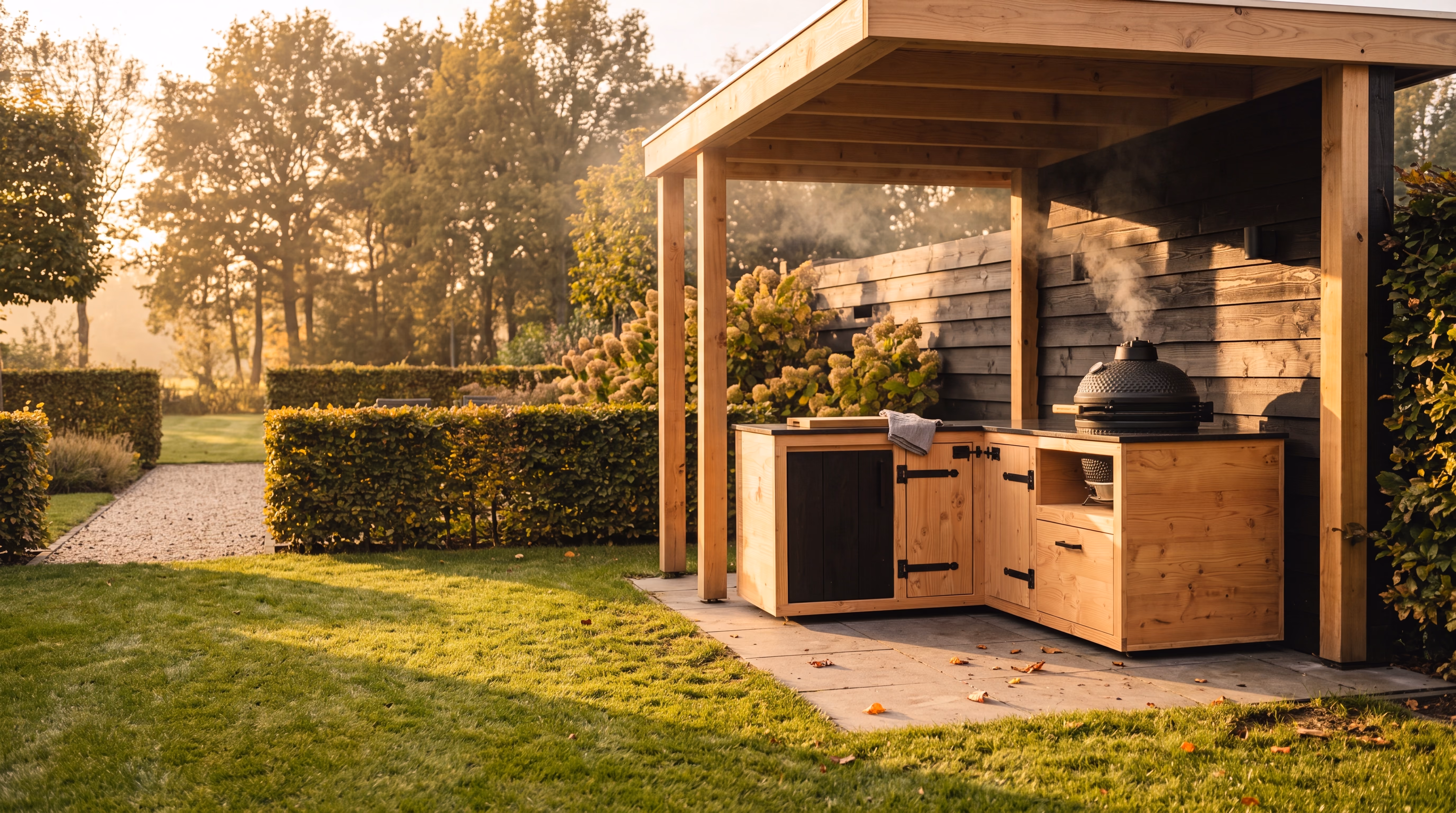 Lichte kantoorlobby met houten wandbekleding en een stenen receptiebalie
