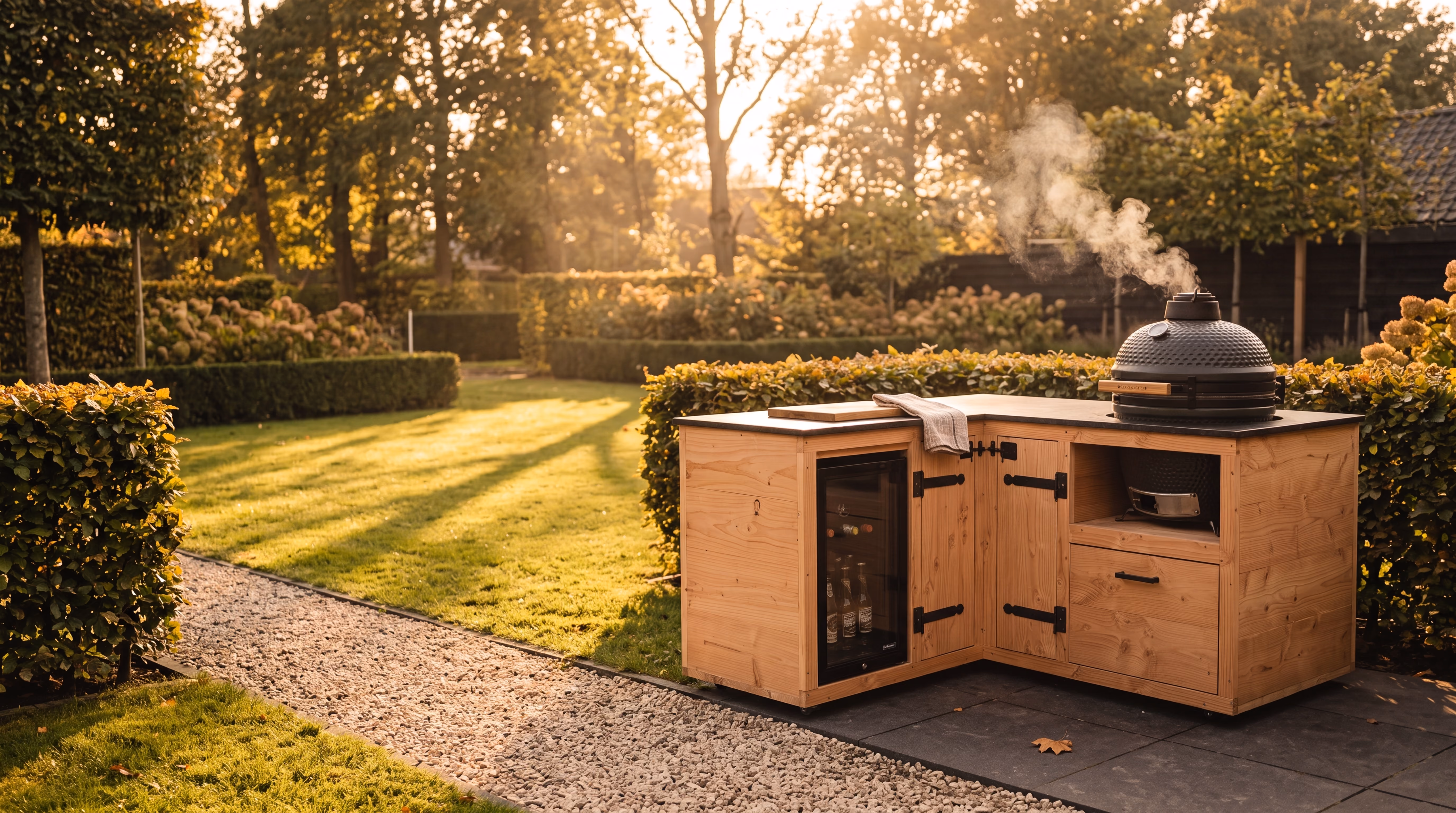Houten buitenkeuken met kamado-barbecue en ingebouwde koelkast in een tuin met gazon en hagen