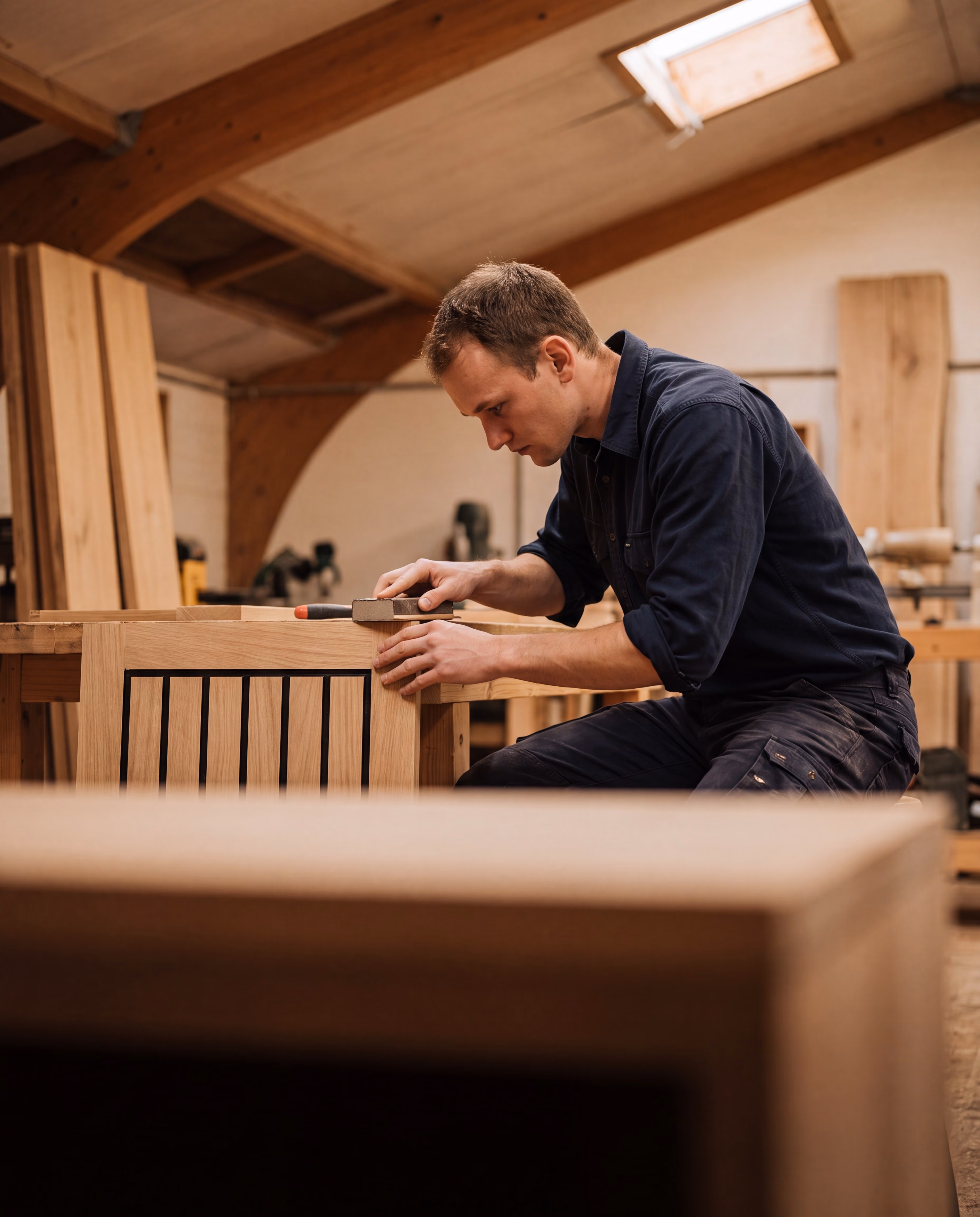 Meubelmaker schuurt een houten kastframe in de werkplaats