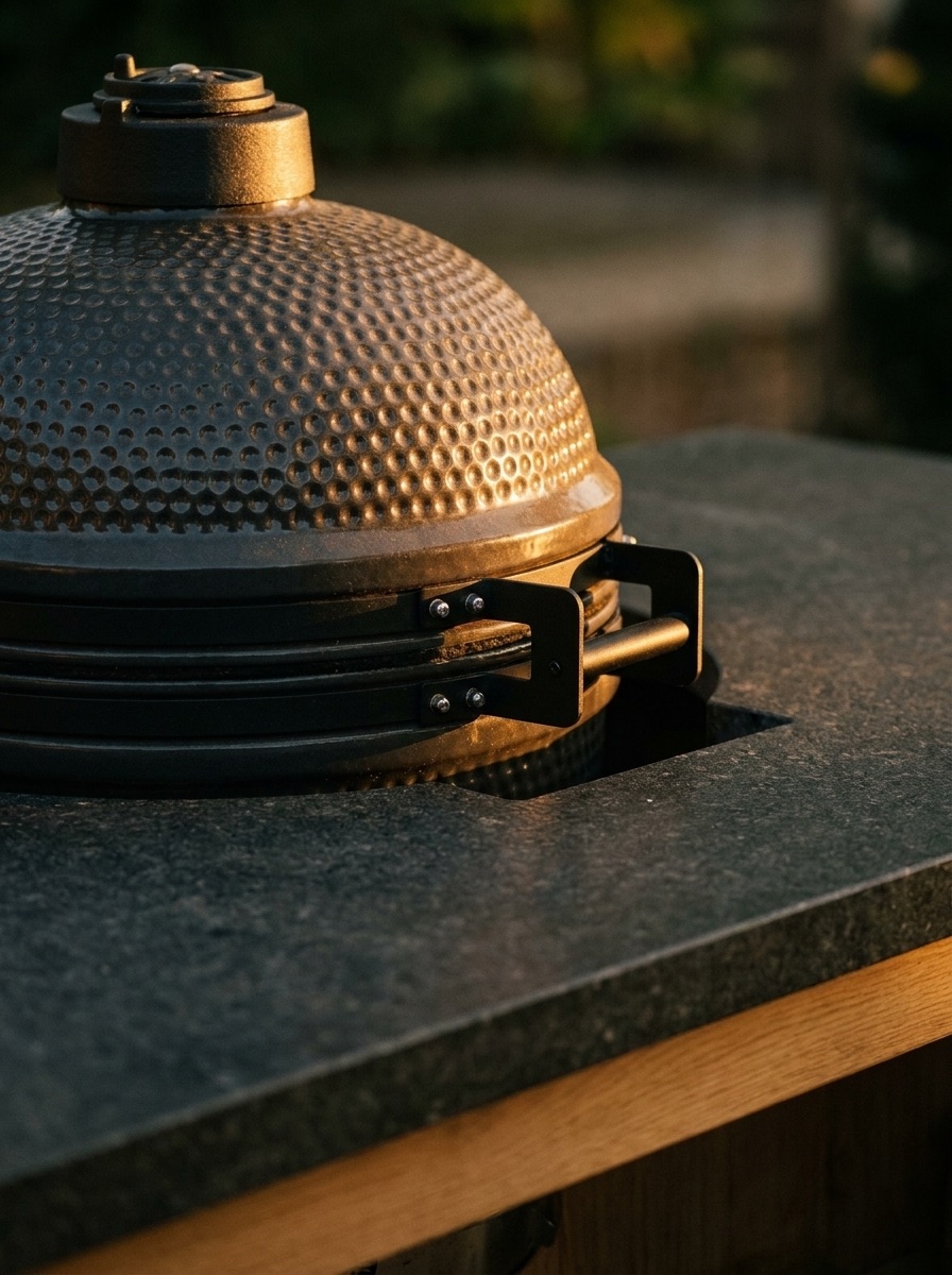 Close-up van de zwarte kamado-barbecue op het donkere natuurstenen werkblad
