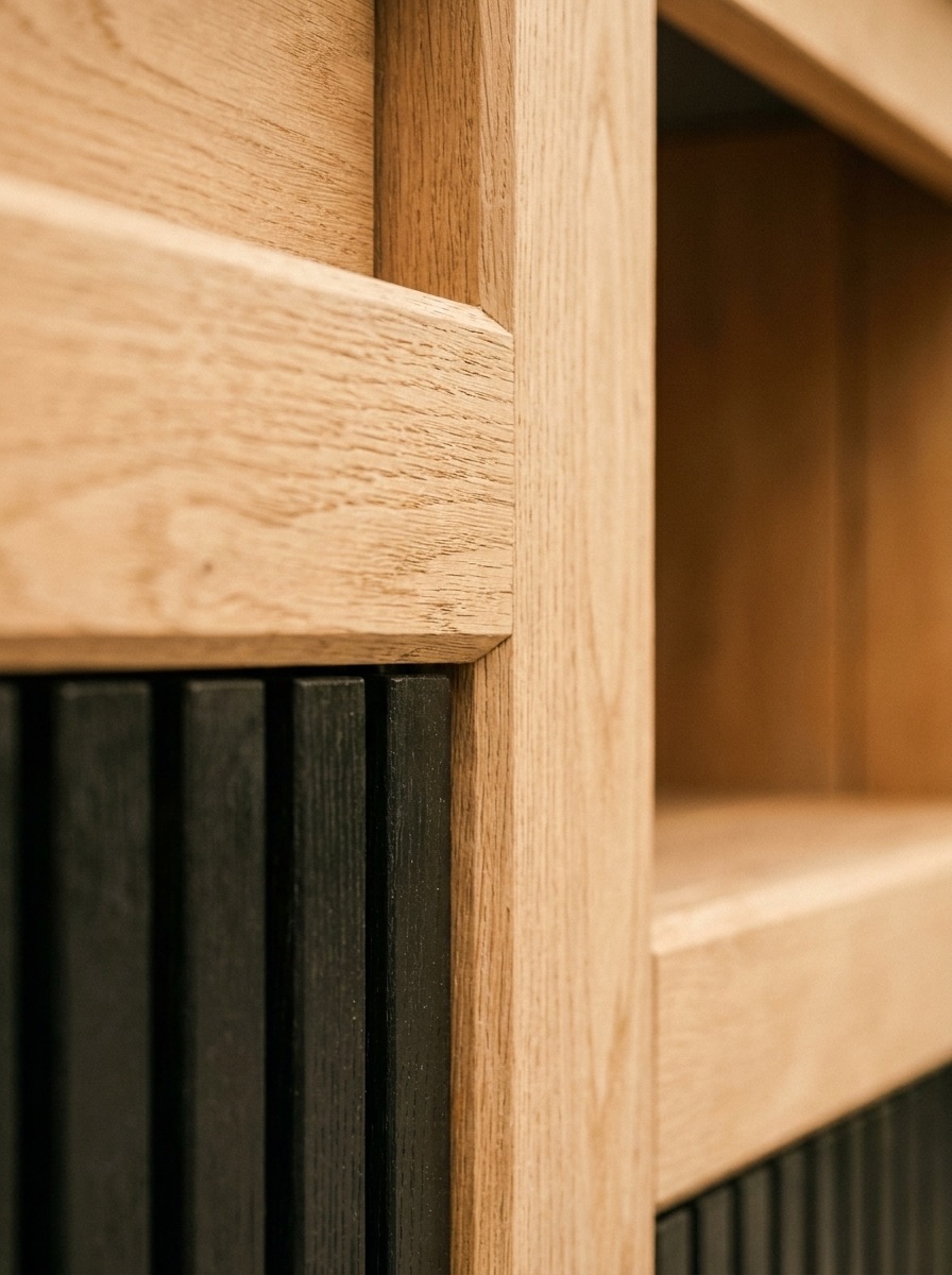 Detail van het eikenhouten frame met zwarte lamellen van de buitenkeuken