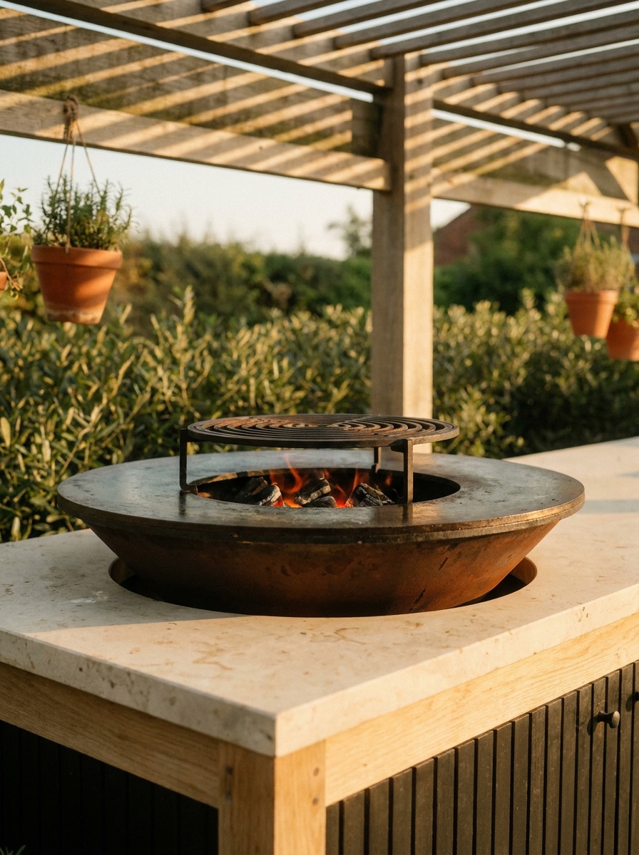Vuurschaal met grillring en brandend hout op het natuurstenen blad van de buitenkeuken