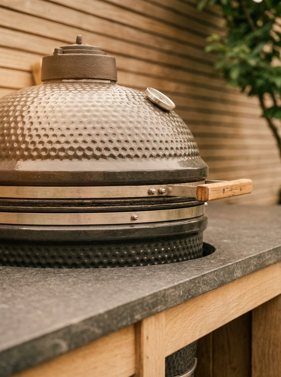 Close-up van de kamado-barbecue met gesloten deksel op het natuurstenen werkblad