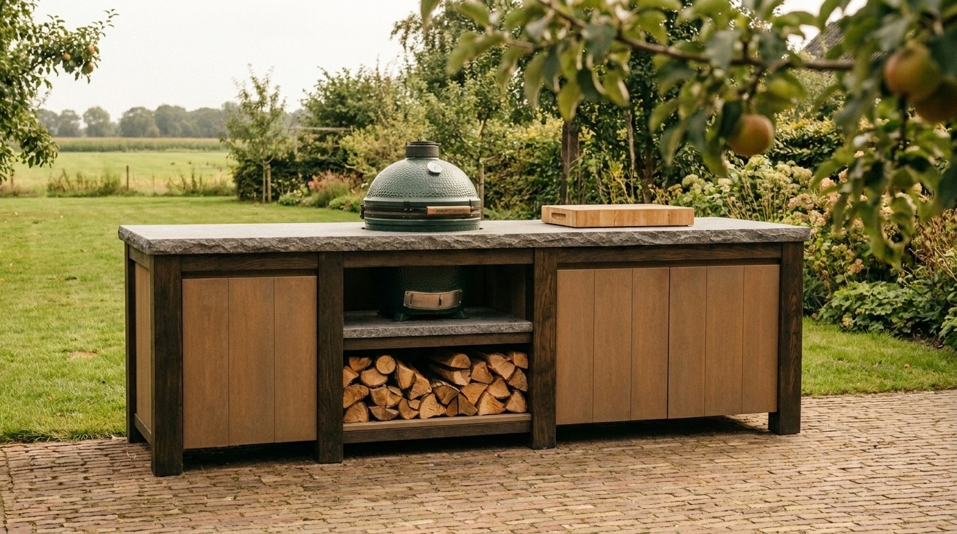 Buitenkeuken van donker hout met groene kamado-barbecue en houtopslag op een klinkerterras