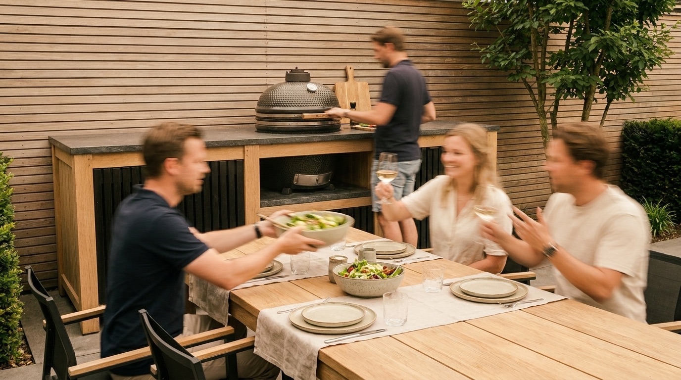 Vier mensen eten aan een houten tuintafel naast de buitenkeuken