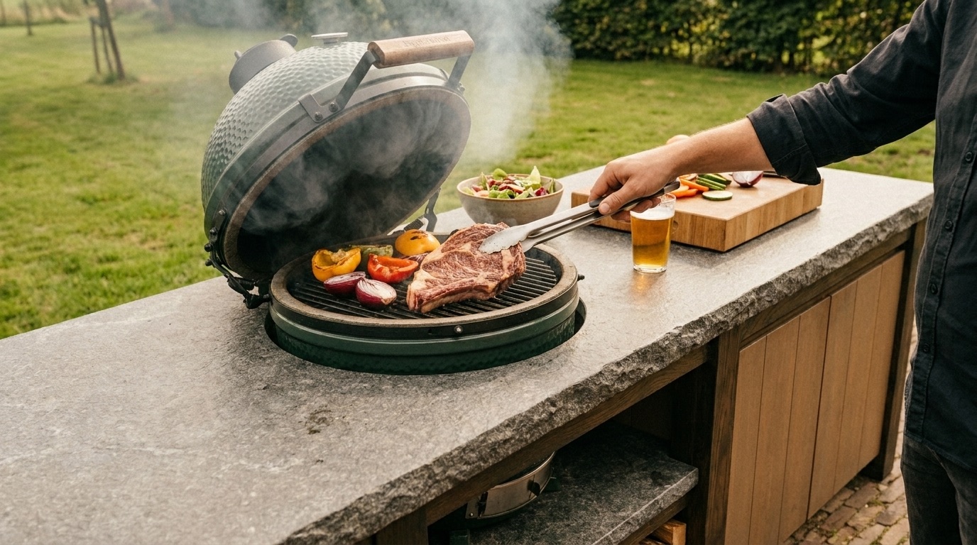Iemand grilt vlees en groenten op de kamado-barbecue, met een snijplank en een glas bier op het blad