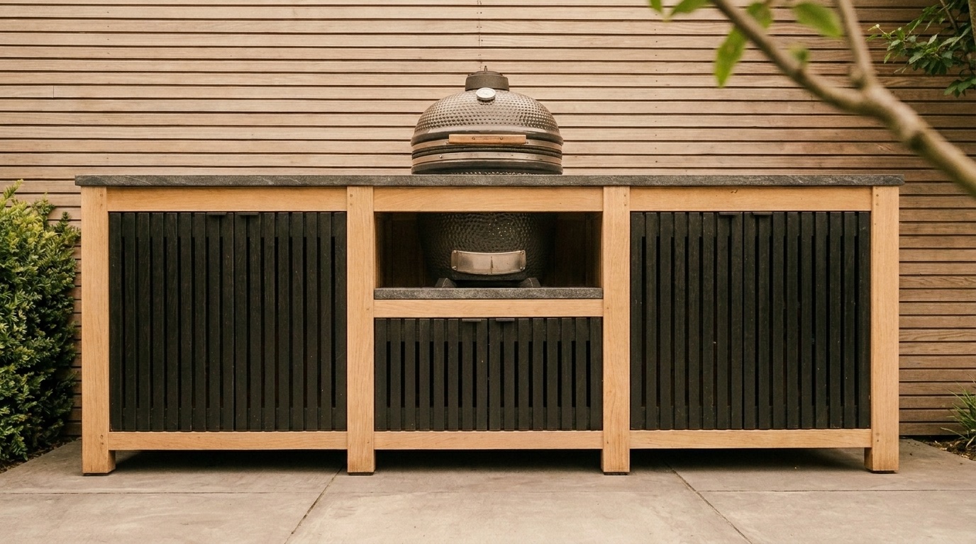 Houten buitenkeuken met zwarte lamellendeuren en een kamado-barbecue op een natuurstenen blad