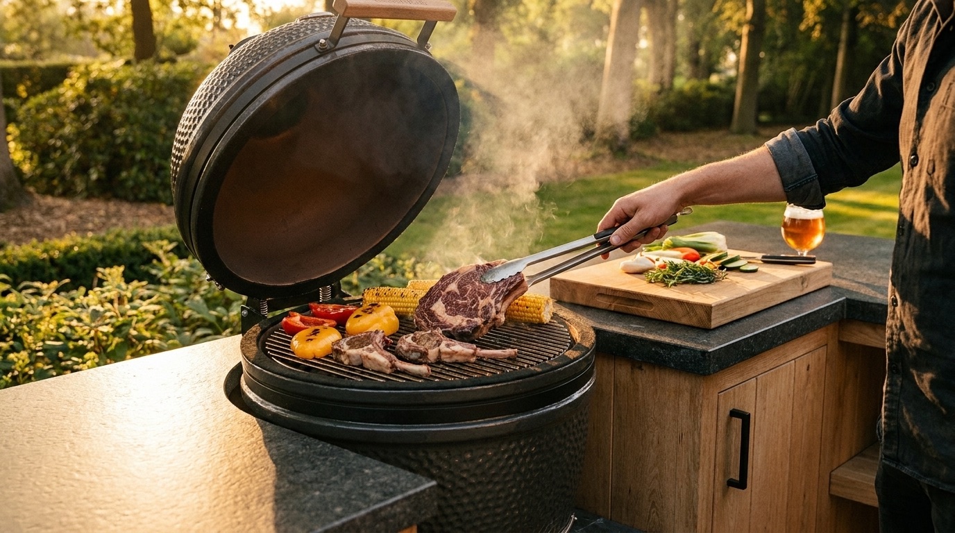 Iemand grilt vlees en groenten op de open kamado-barbecue, met een glas bier op het blad